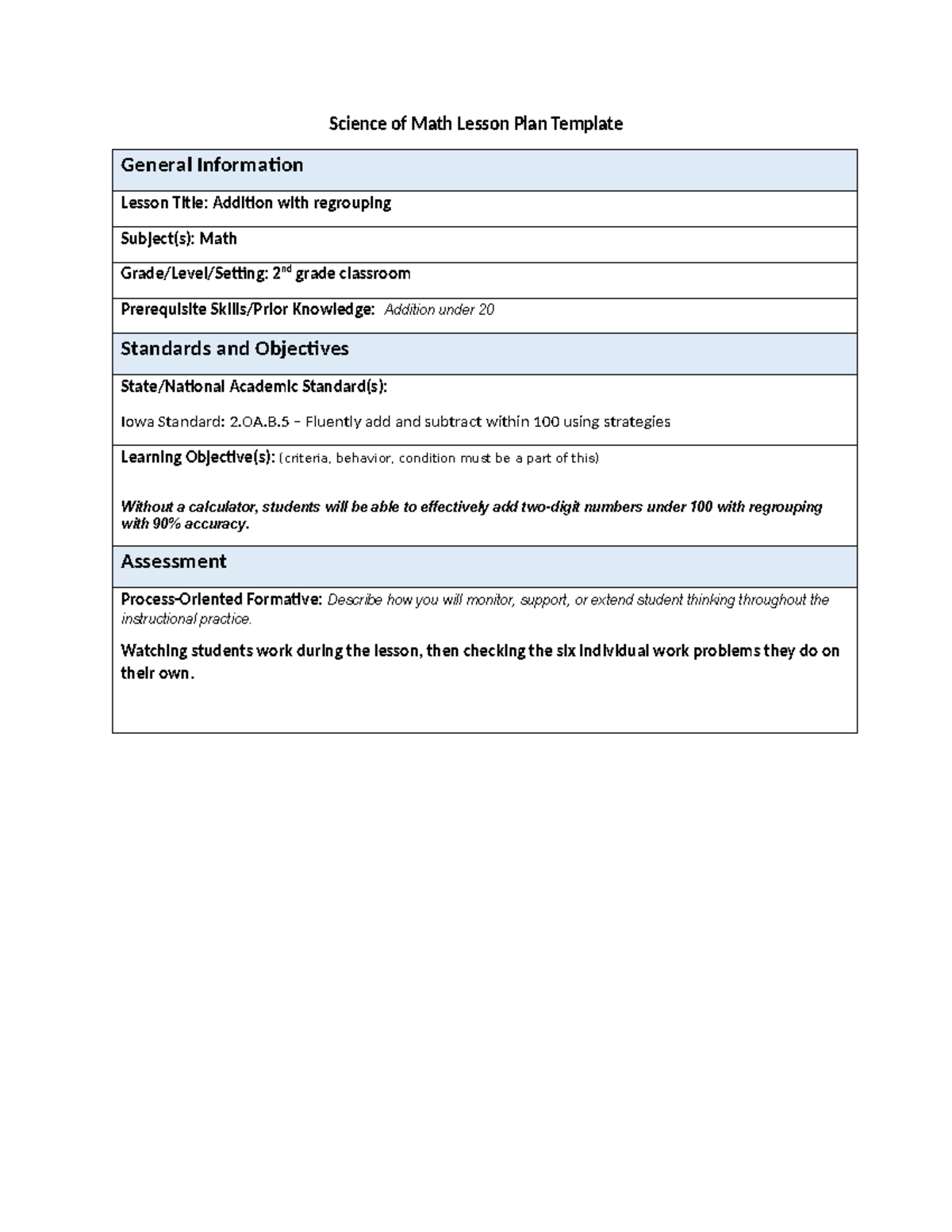 Math 2nd Grade Lesson Plan: Addition with Regrouping - Studocu