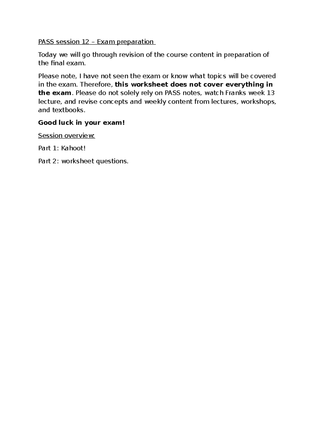 PASS Session 12 - Revision Notes for Economics Final Exam Prep - Studocu