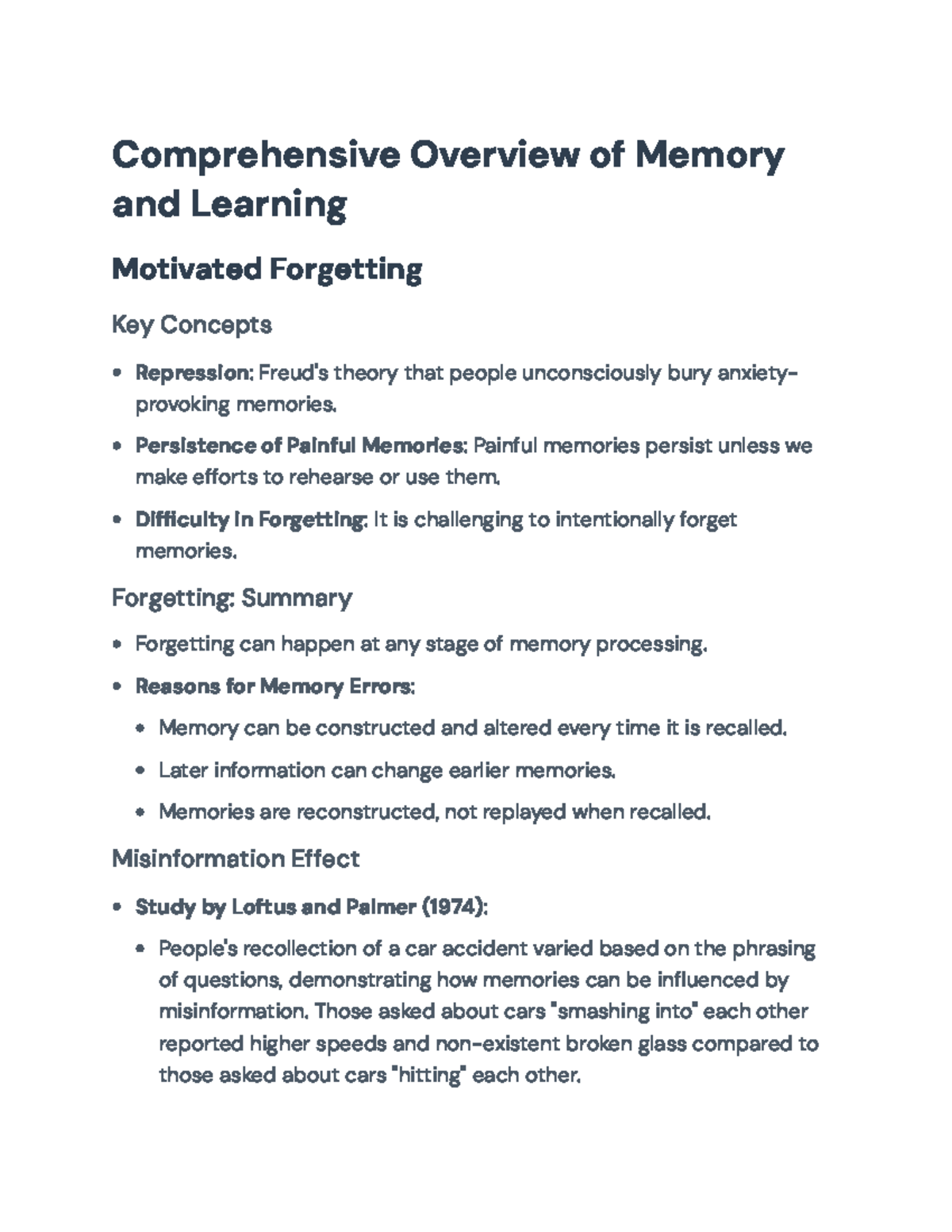 Comprehensive Overview of Memory and Learning Mechanisms (PSY 101 ...