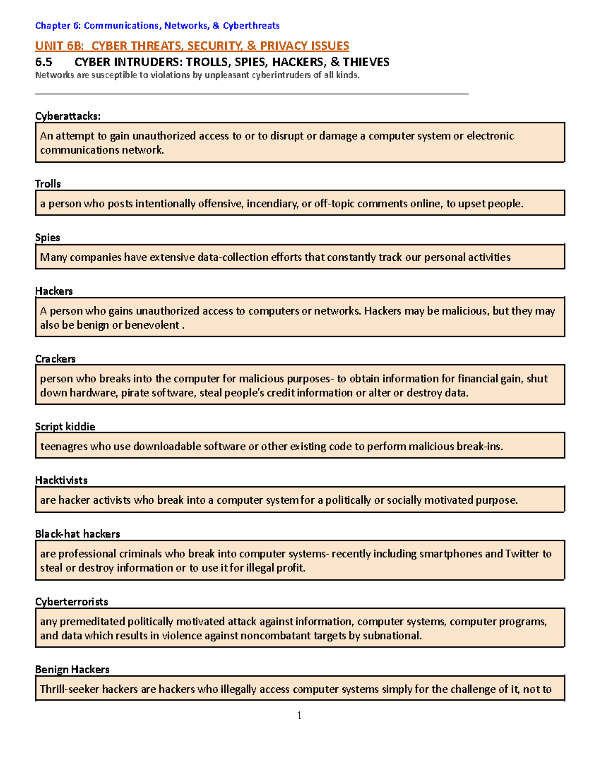 UIT Ch 6B: Key Concepts on Cyber Threats & Security Issues - Studocu