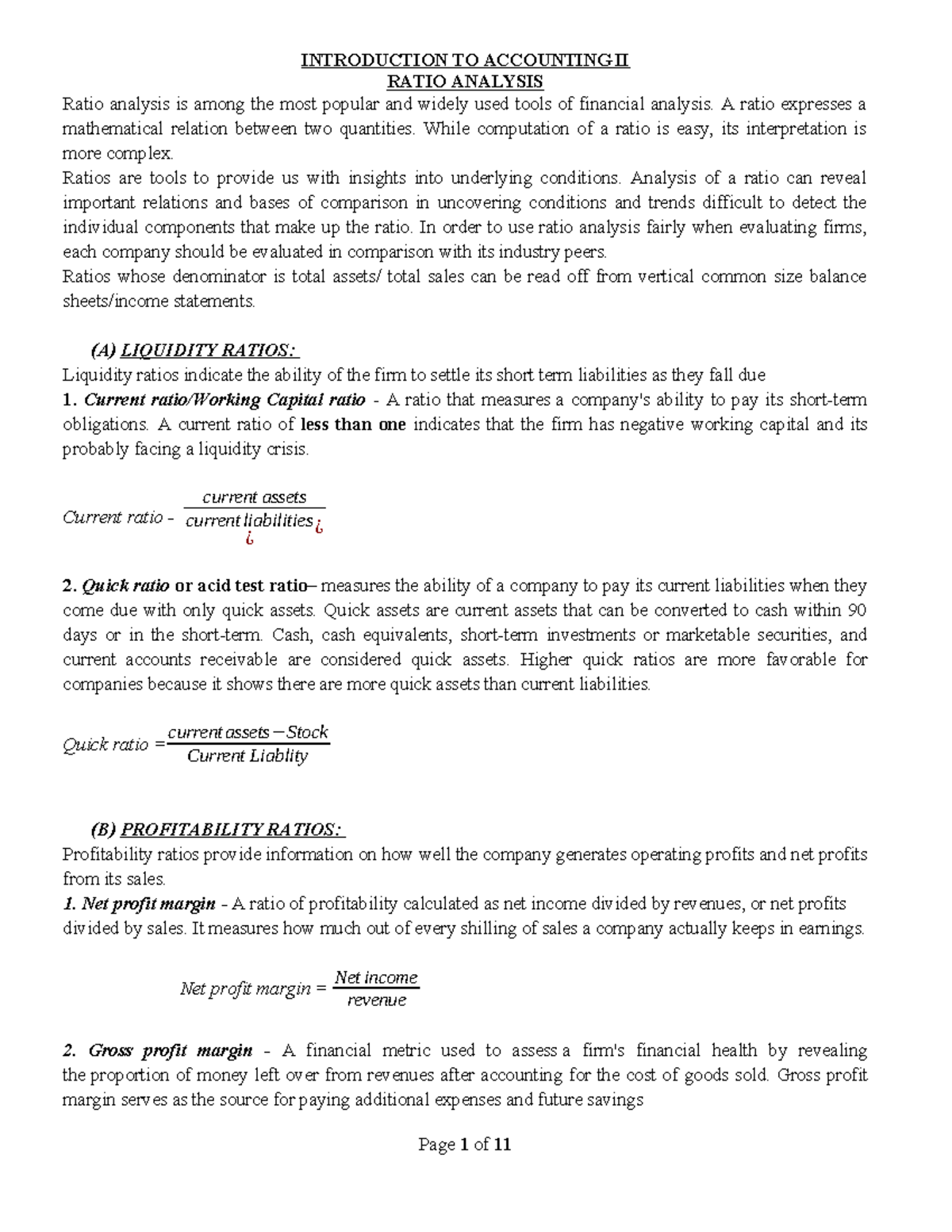 Ratio Analysis Notes for FA: Understanding Financial Metrics - Studocu