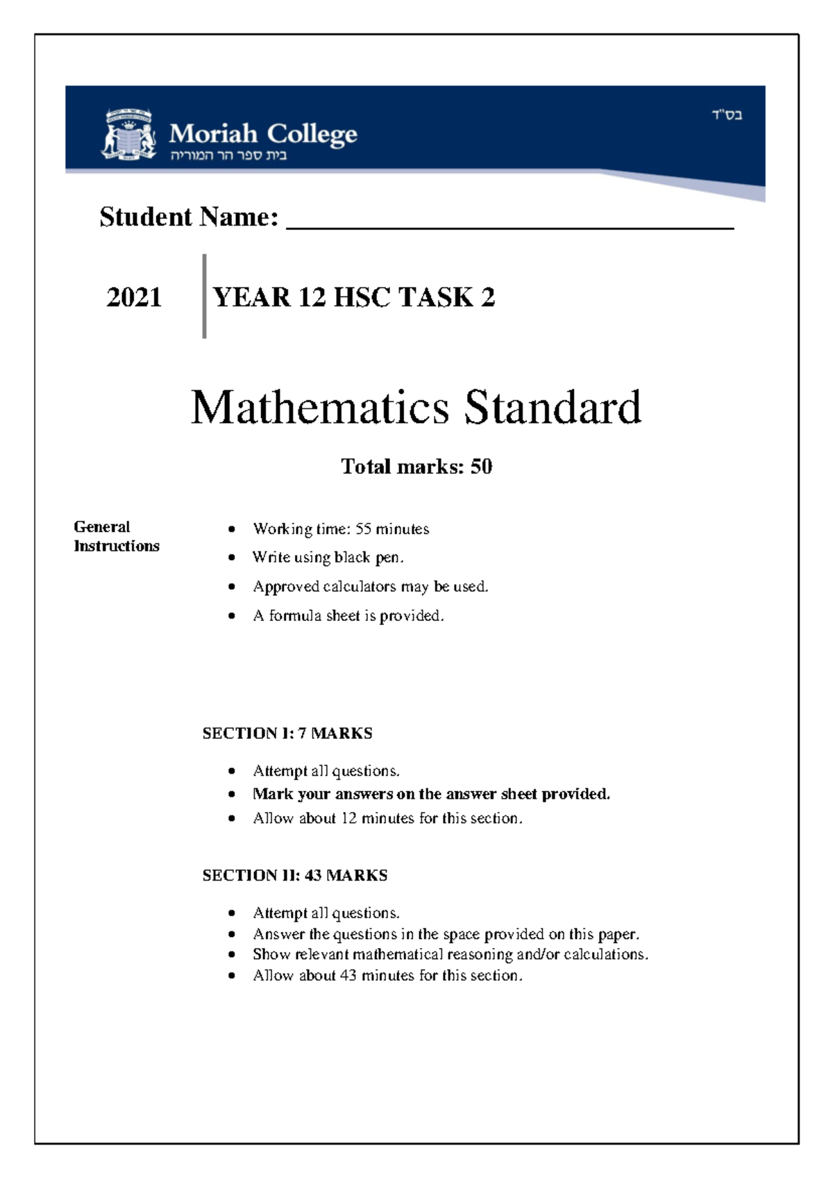 2021 YR 12 HSC 2 Mathematics Standard Exam Paper and Instructions Studocu