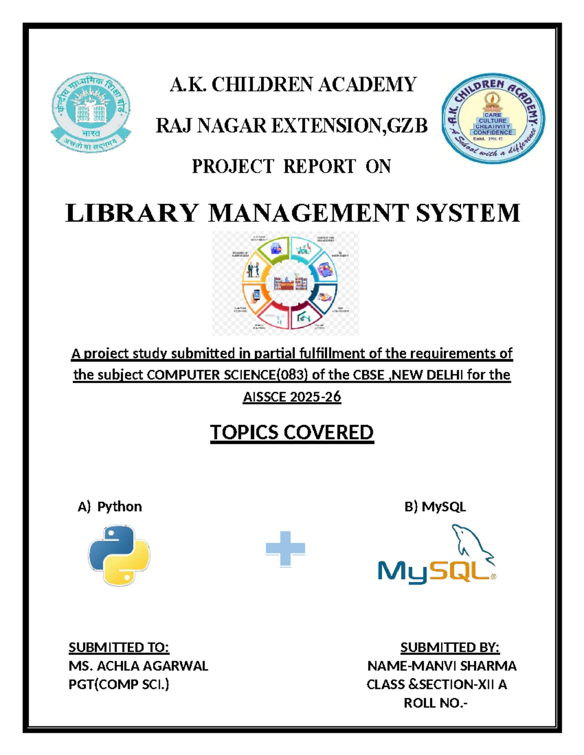 Library Management System Project Report - CS(083) Class XII - Studocu