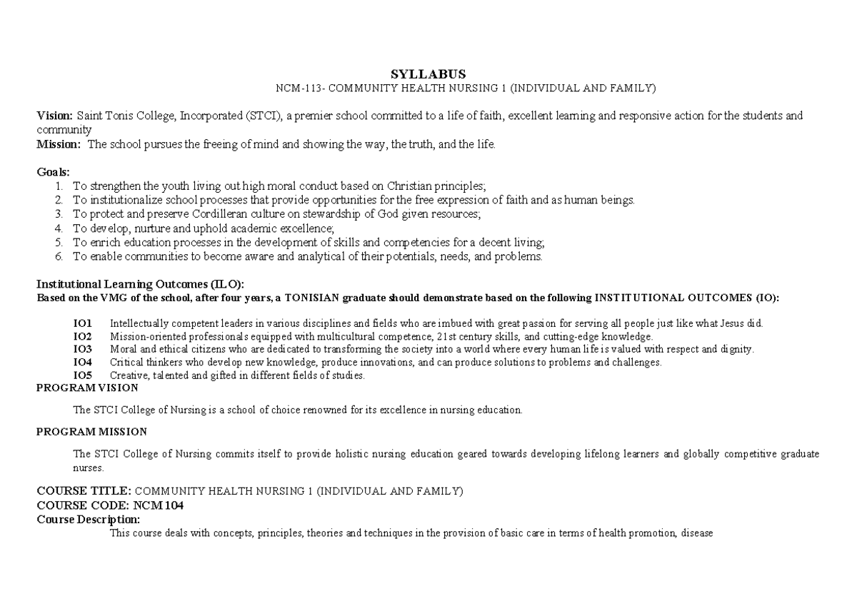 NCM 104 - Syllabus for Community Health Nursing 1 (Individual & Family ...