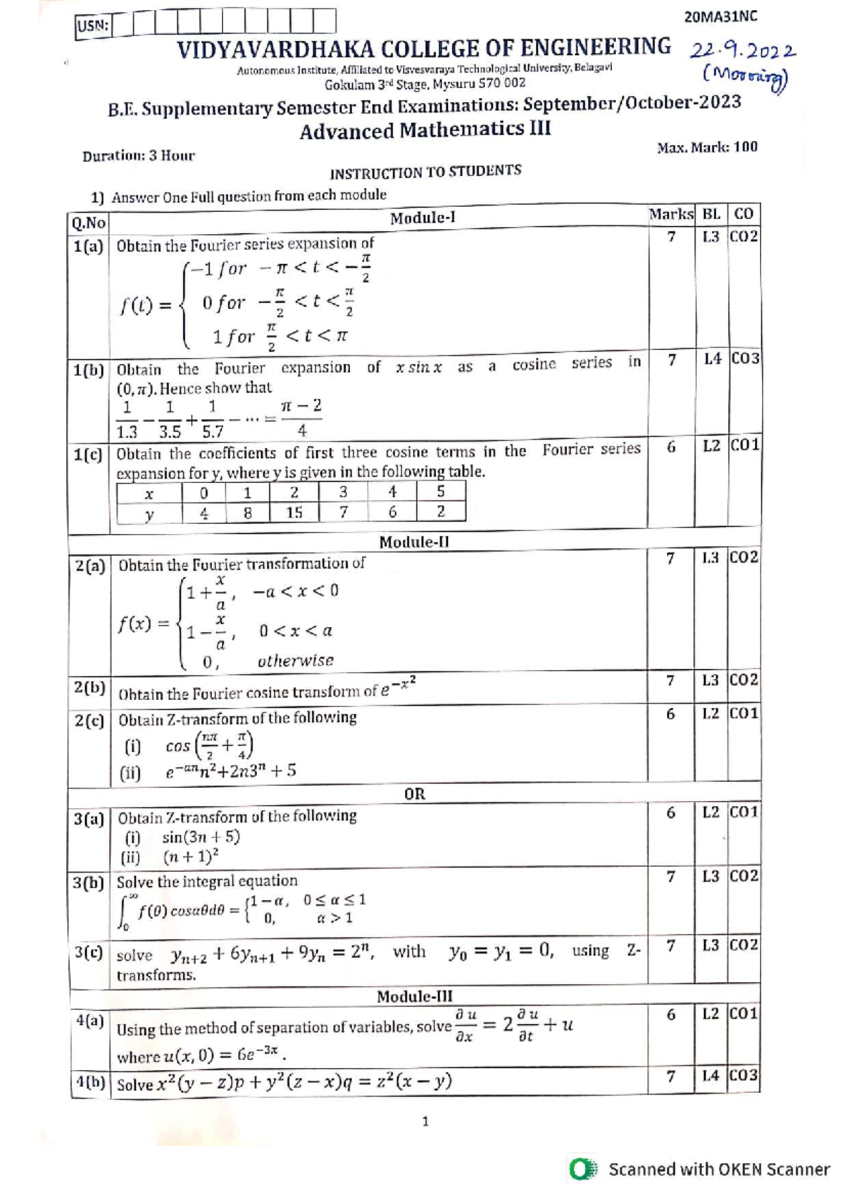 20MA31C - Advanced Mathematics Supplementary Exam Solutions - Studocu