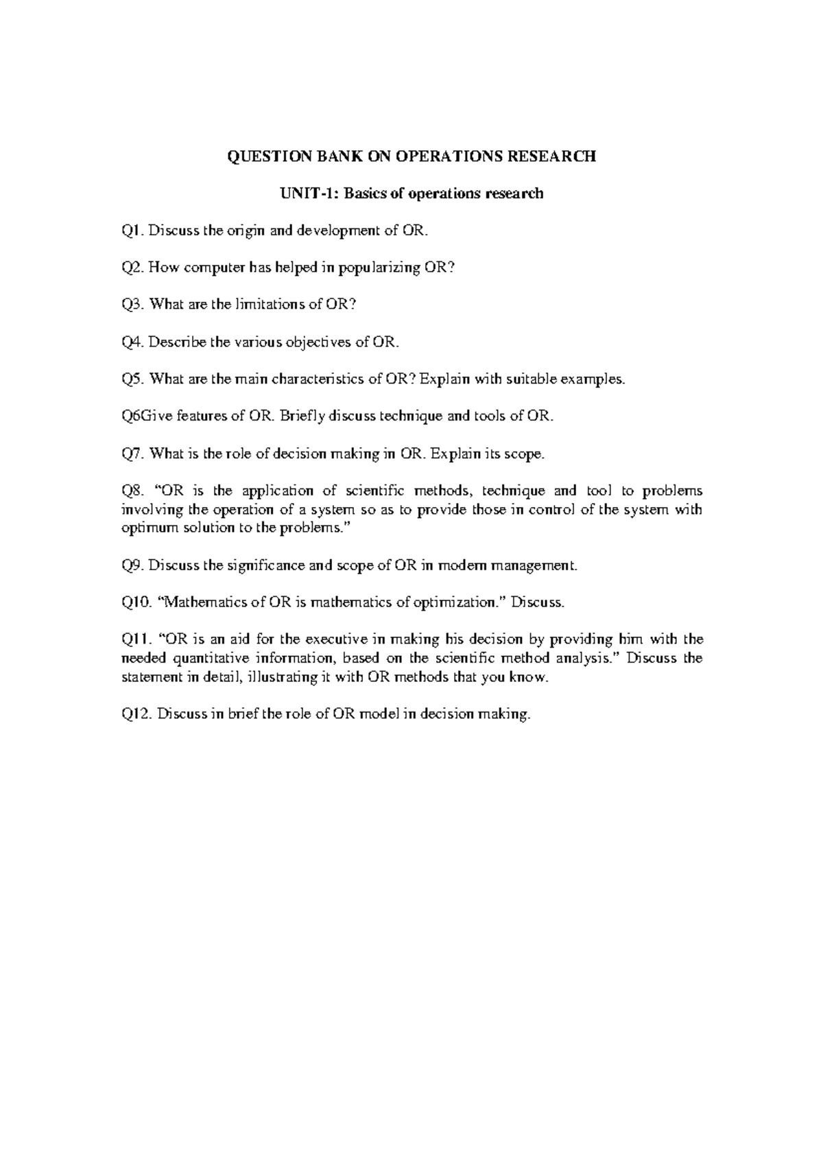 Operations Research Question Bank: Comprehensive Study Guide - Studocu