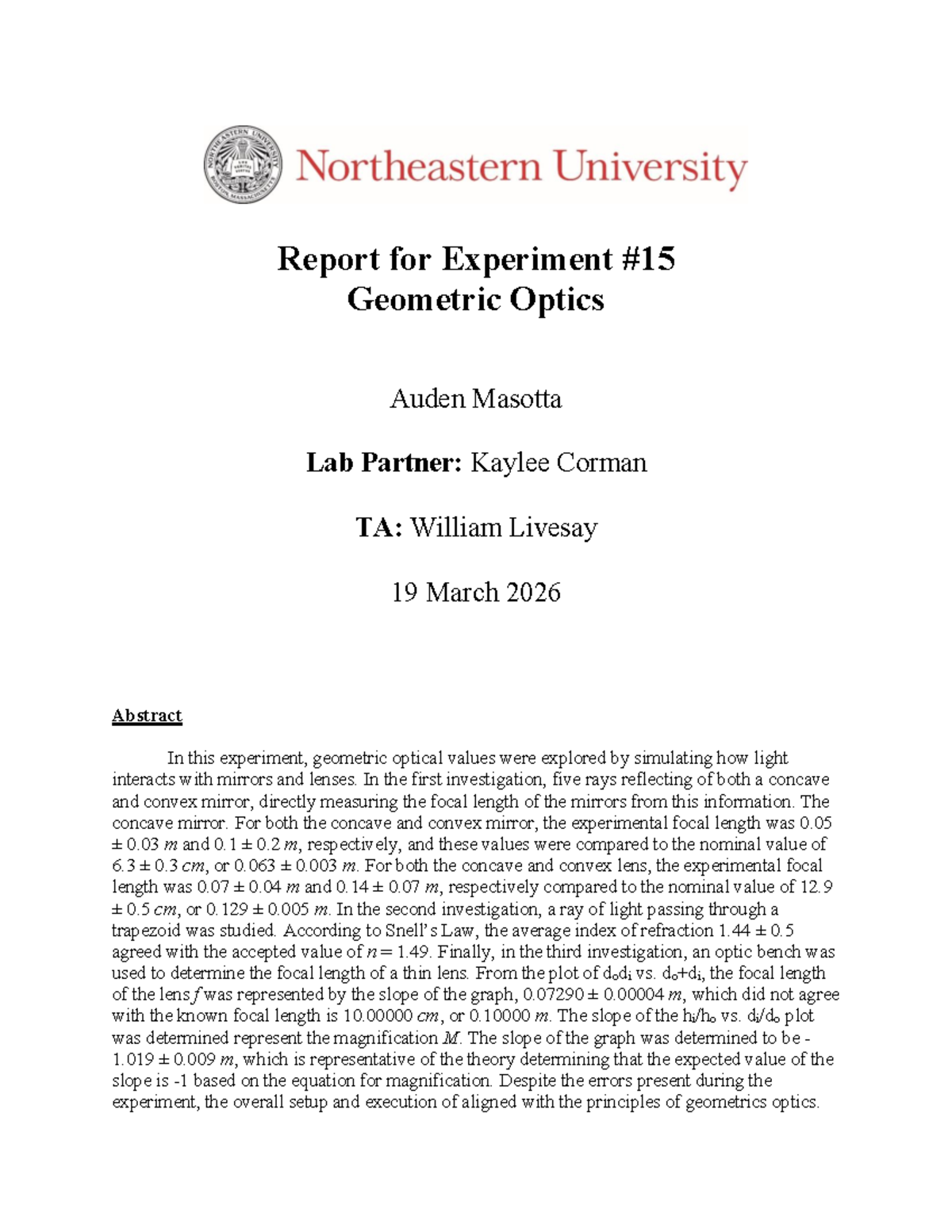 PHYS1148 Geometric Optics Lab Report: Focal Length Investigations - Studocu