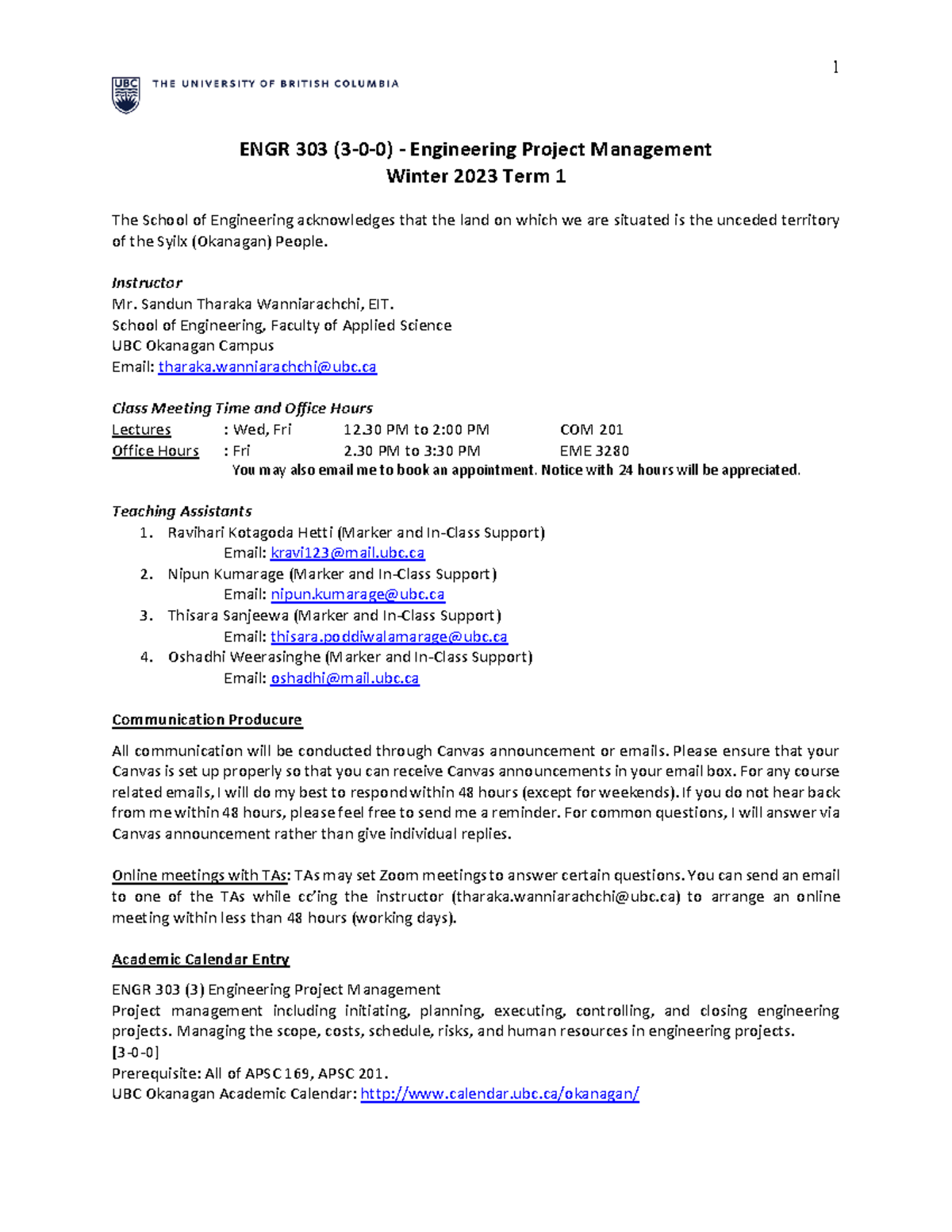 ENGR 303 - Engineering Project Management Course Syllabus (Winter 2023 ...