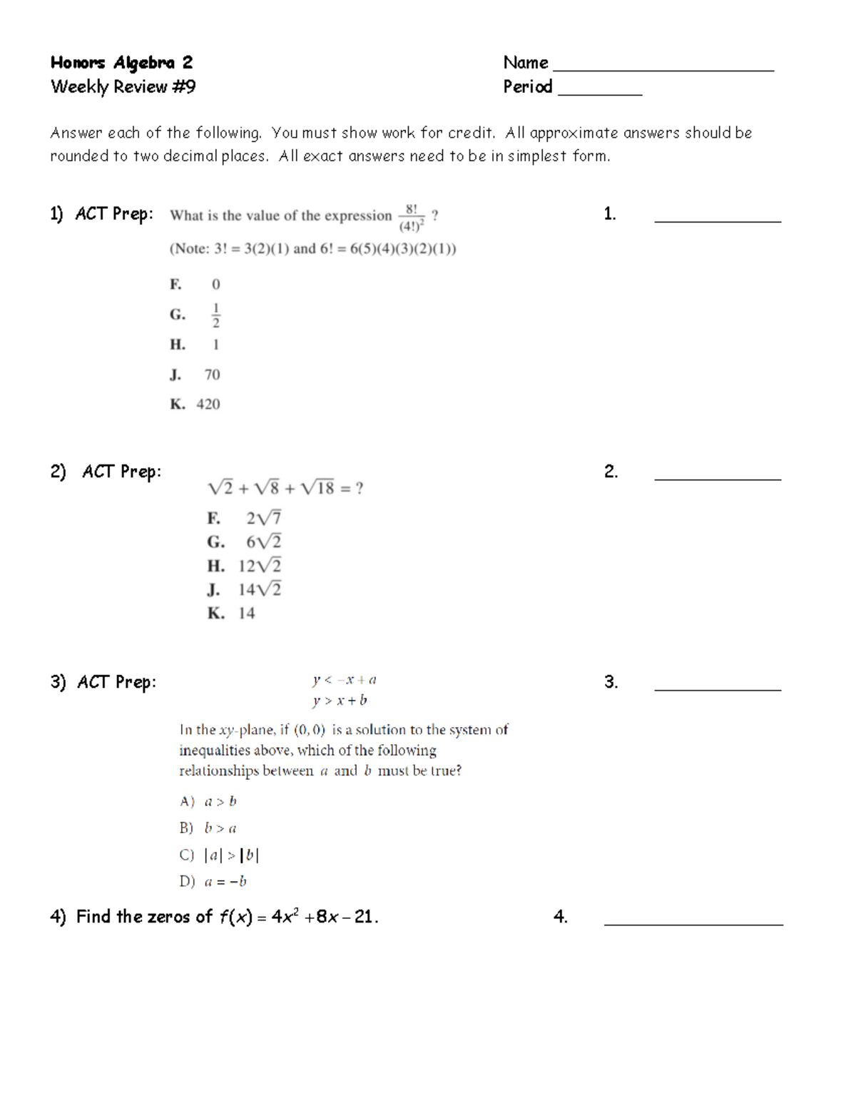Honors Algebra 2 Weekly Review: Exam Prep and Solutions - Studocu