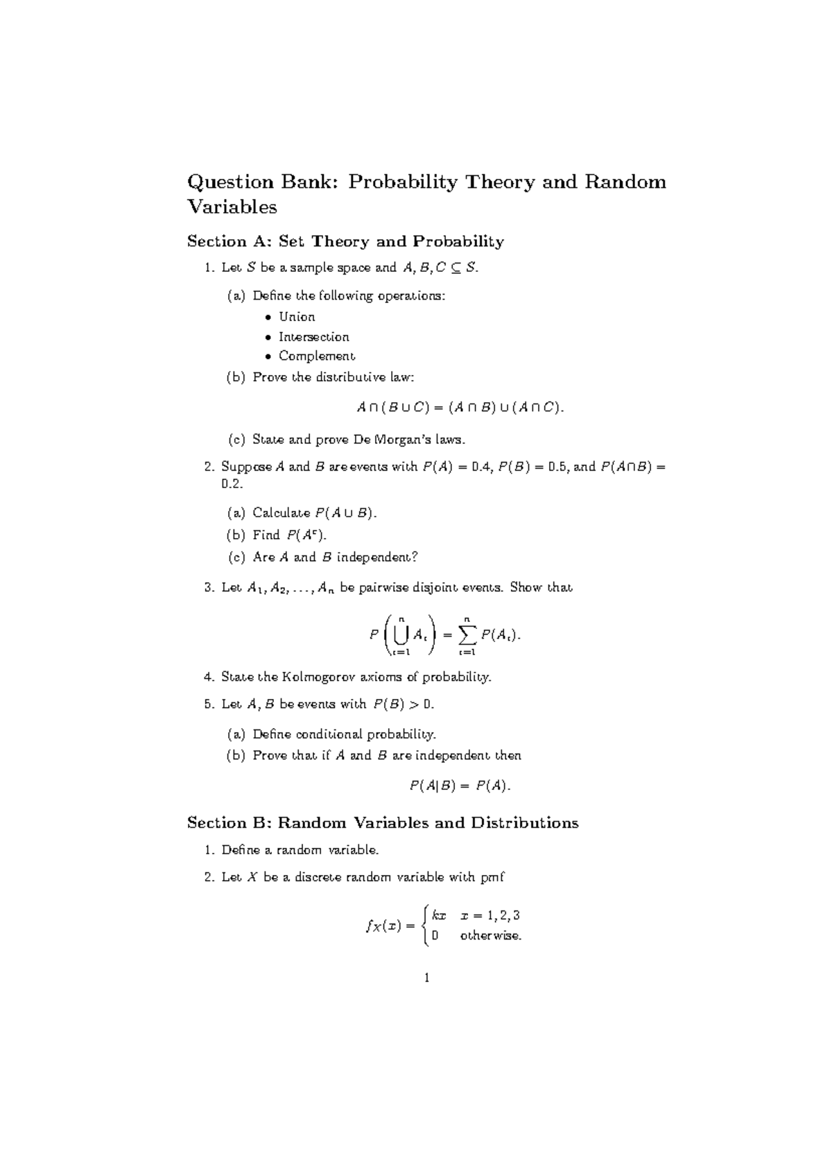Probability Theory & Random Variables Revision Practice: Q Bank - Studocu