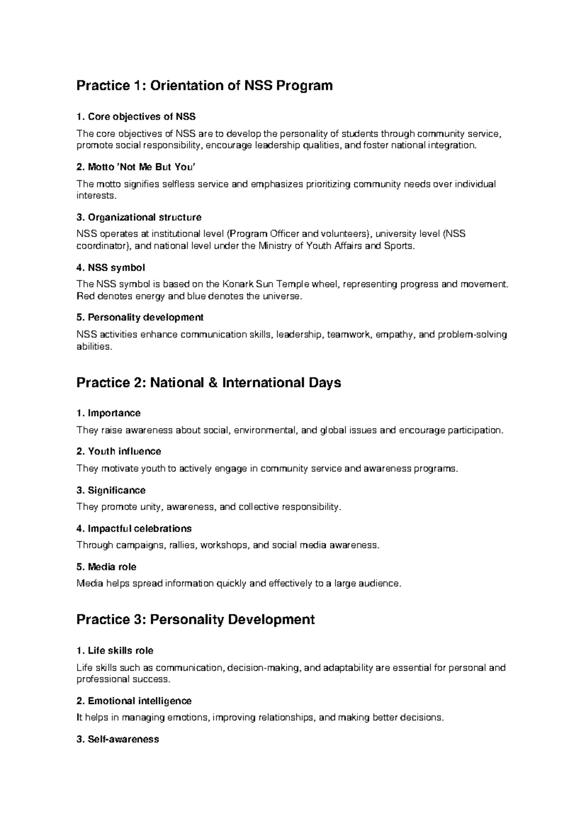 NSS Program Orientation: Core Objectives & Practices (NSS 101) - Studocu