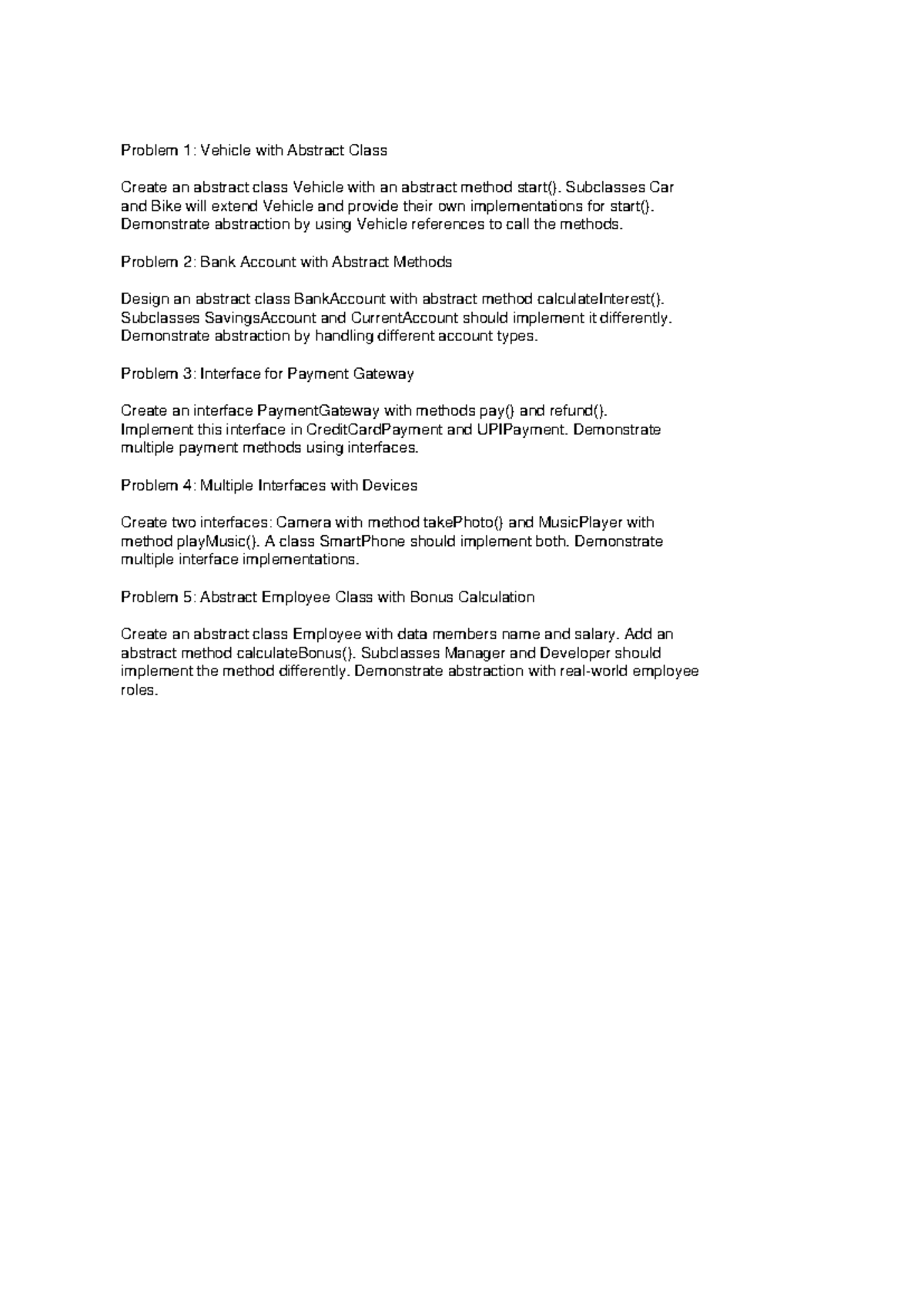 Java Abstract Class & Interface Problems: Vehicle, BankAccount, Payment ...