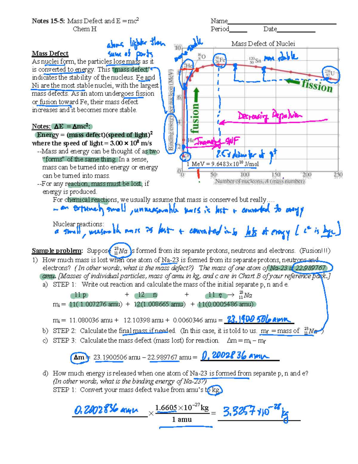Mass Defect & E=mc²: Nuclear Reactions Notes for Chem H - Studocu