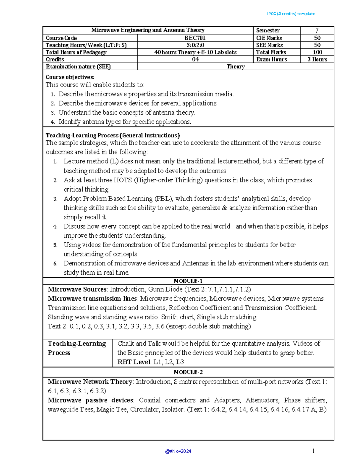 Microwave Engineering and Antenna Theory Syllabus BEC701 (4 Credits ...