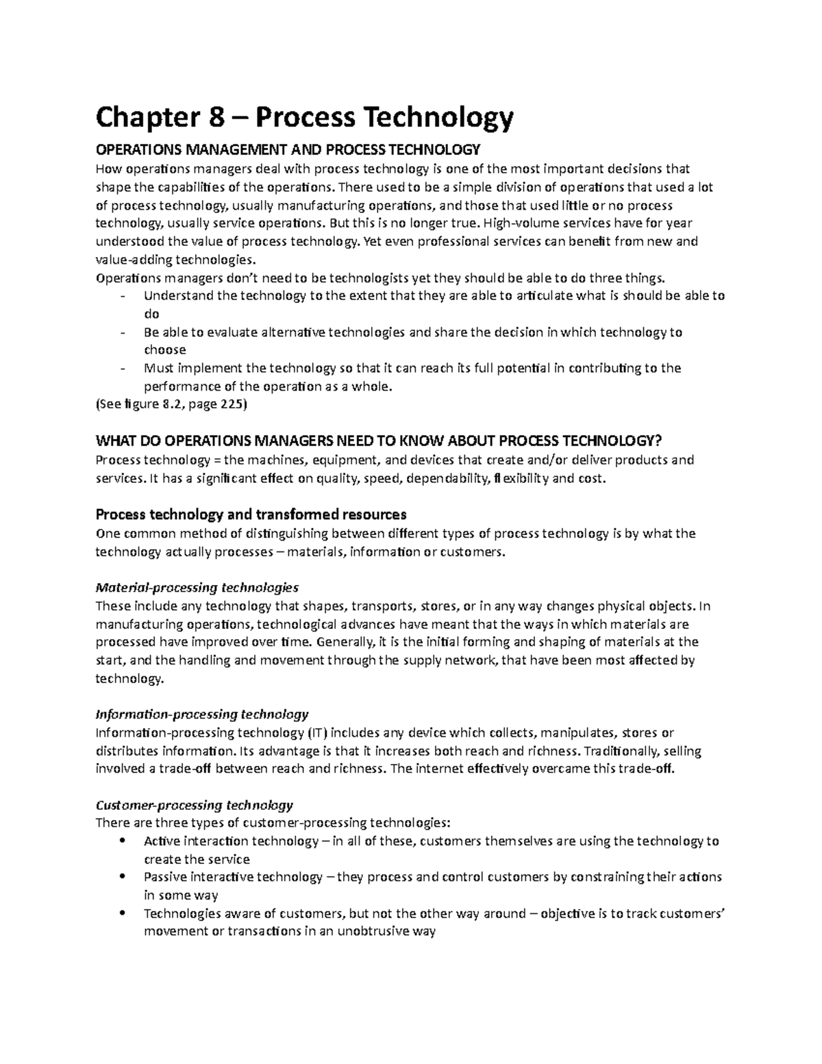 Operations Management - Chapter 8: Understanding Process Technology ...