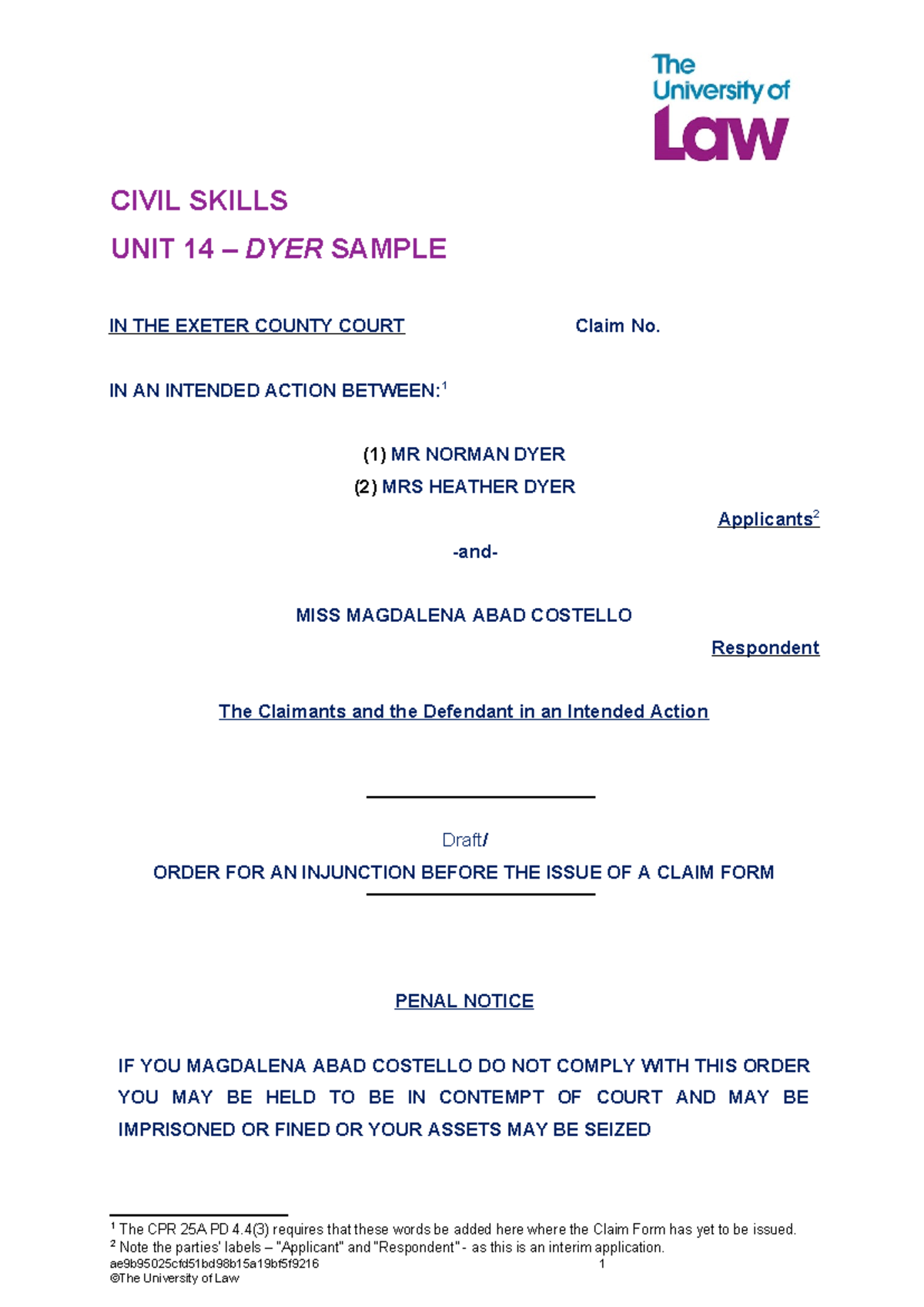2324 CIVIL SKILLS UNIT 14 INJUNCTION ORDER - DYER SAMPLE - Studocu