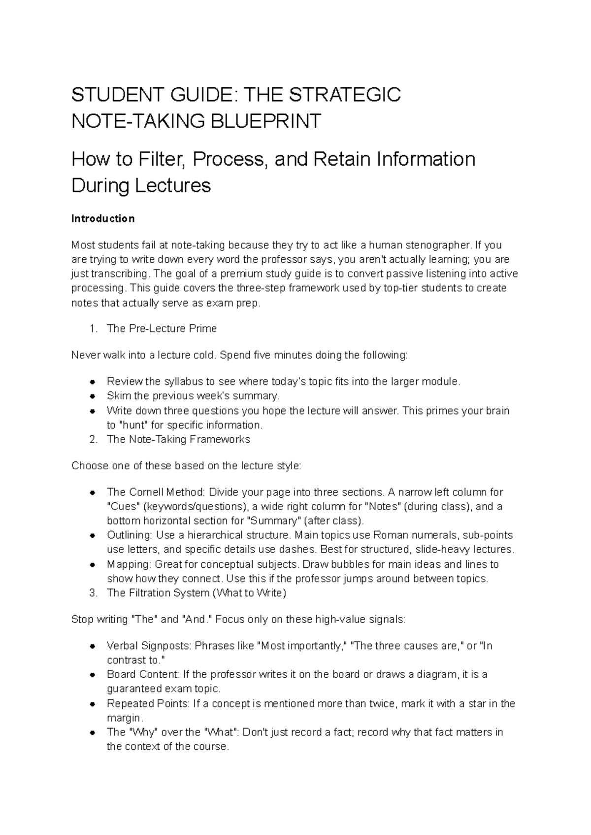 STUDY GUIDE: STRATEGIC NOTE-TAKING FRAMEWORKS & TIPS - Studocu