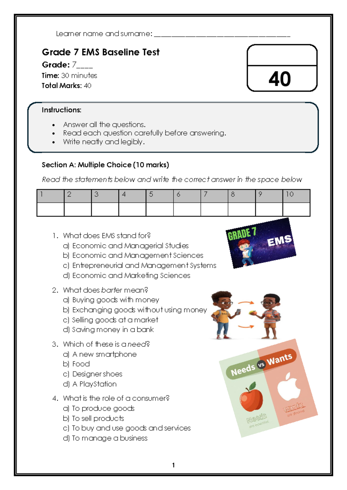 Grade 7 EMS Baseline Test 2026: Questions & Instructions - Studocu