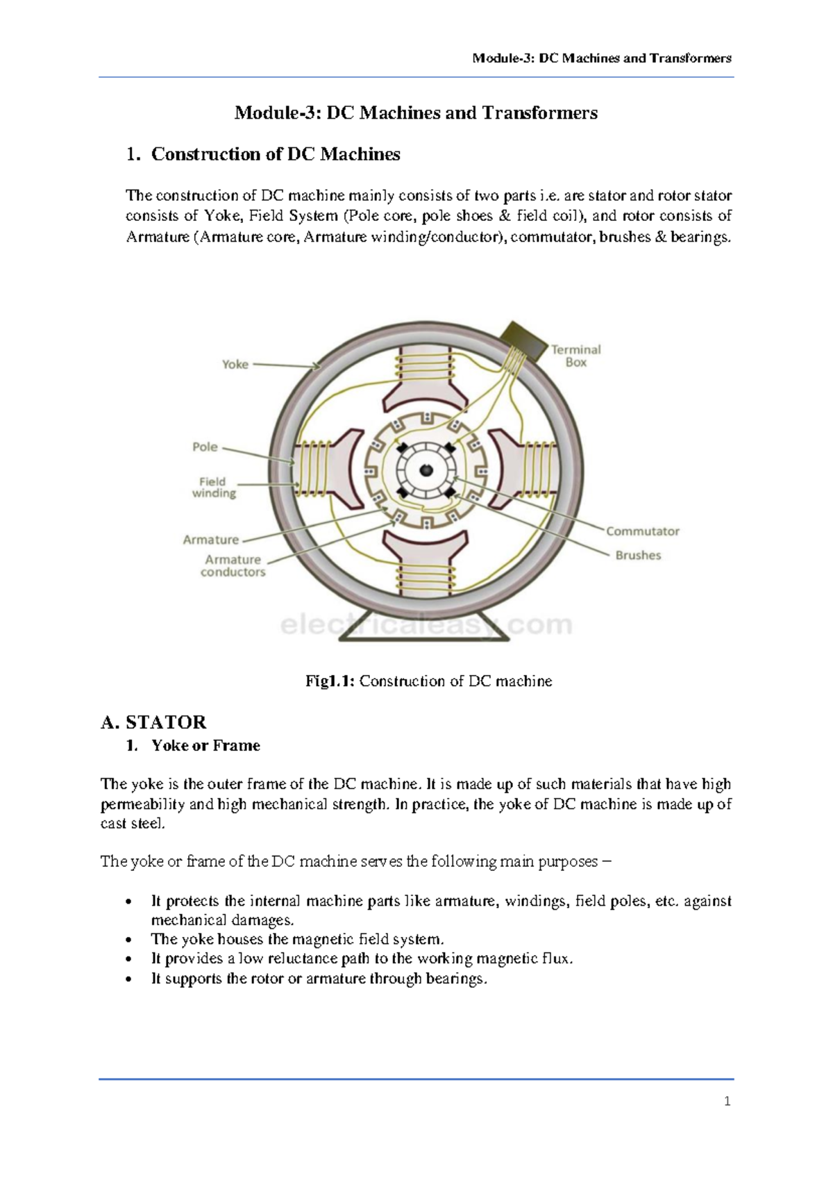Module-3 notes - Module-3: DC Machines and Transformers 1. Construction ...