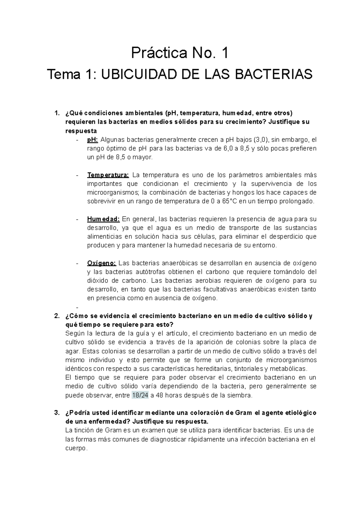 Práctica 1: Ubicuidad y Condiciones de Crecimiento de Bacterias - Studocu