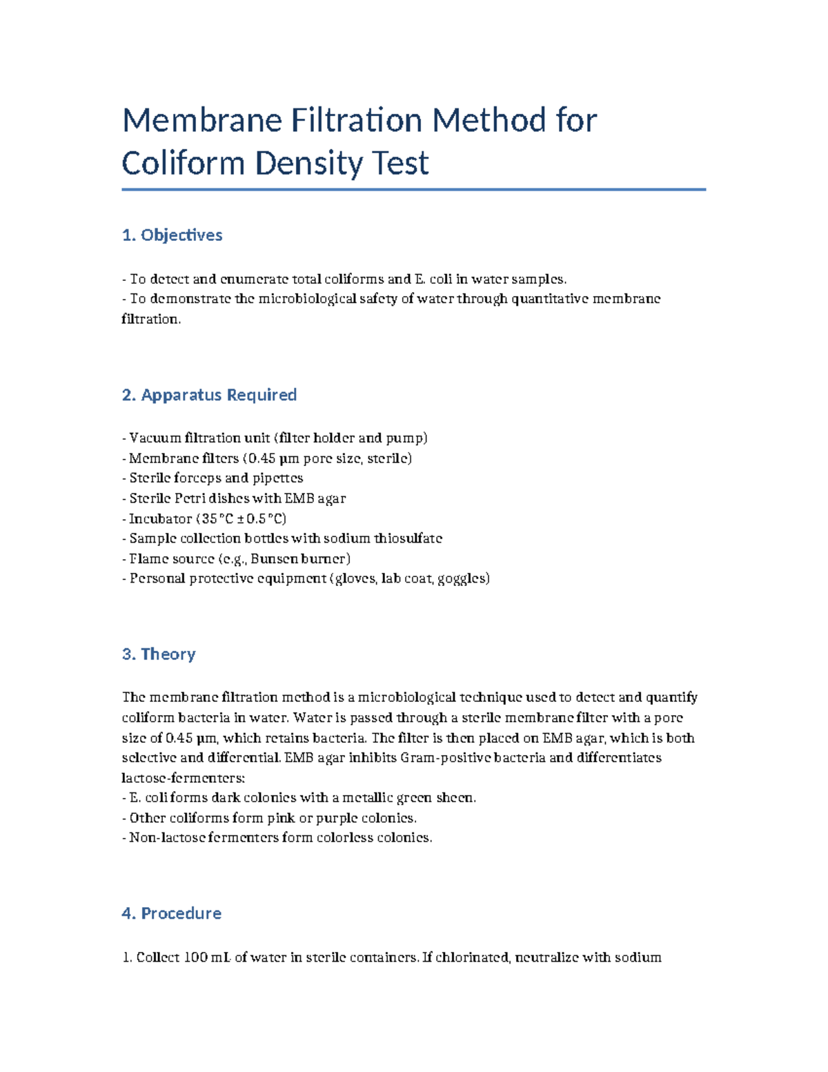 Membrane Filtration Method for Coliform Testing (Lab Report) - Studocu