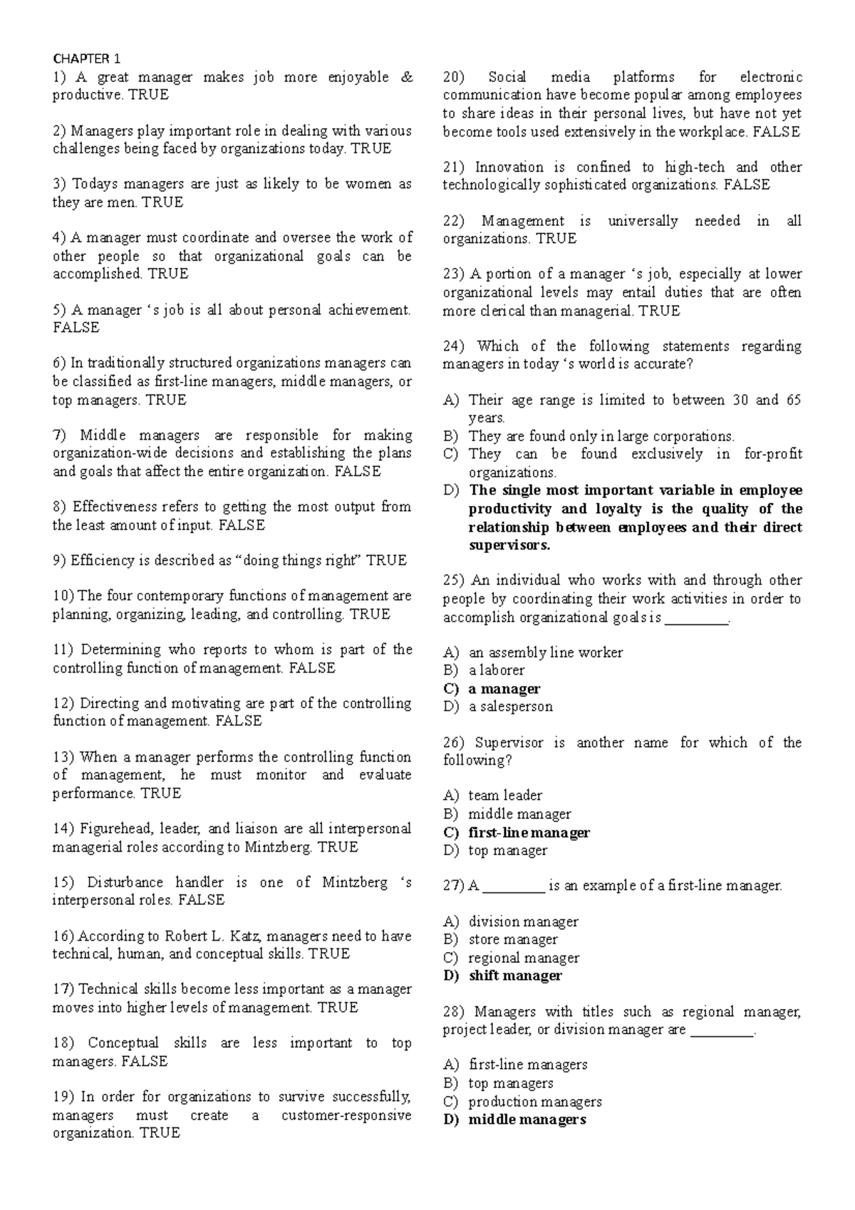 Chapter 1 - Management Concepts Q&A for Intro to Mgmt (MGT101) - Studocu