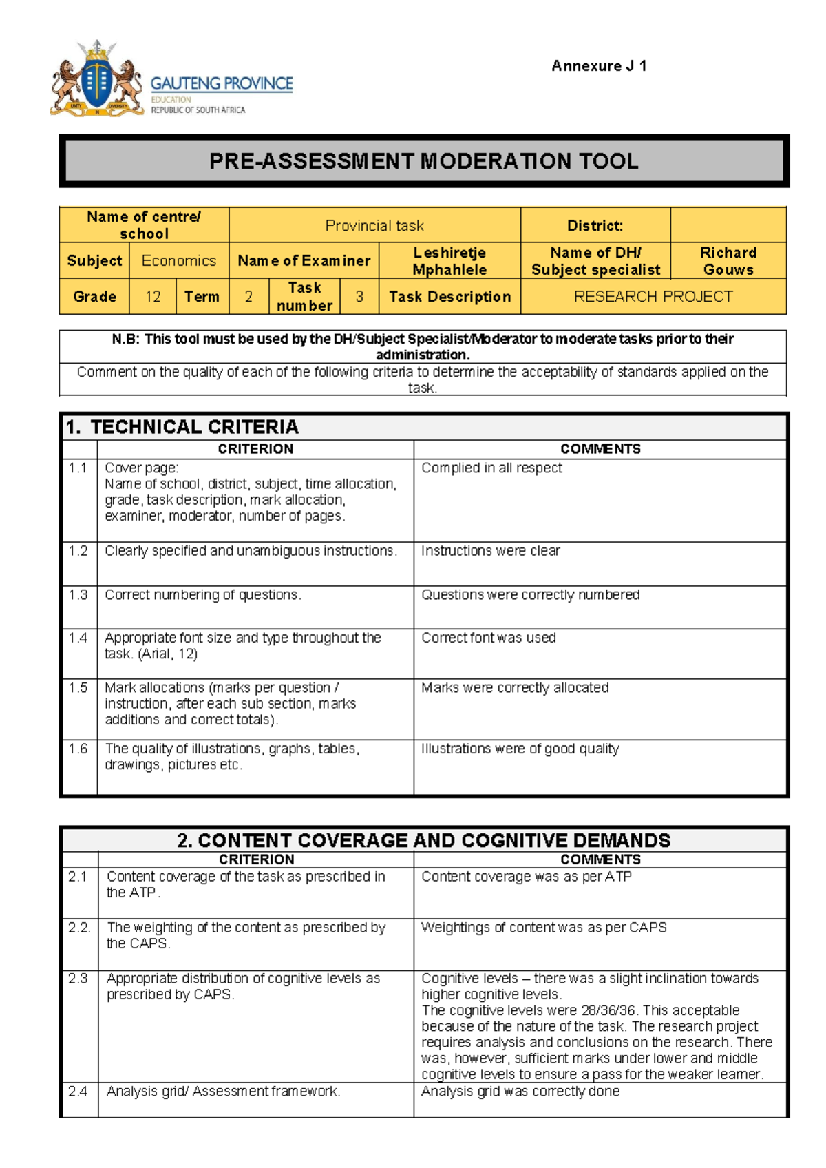 Economics Grade 12 Research Project 2024: Moderation Tool Annexure J1 ...