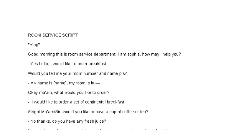 ROOM SERVICE SCRIPT: Breakfast Order Process and Customer Interaction ...