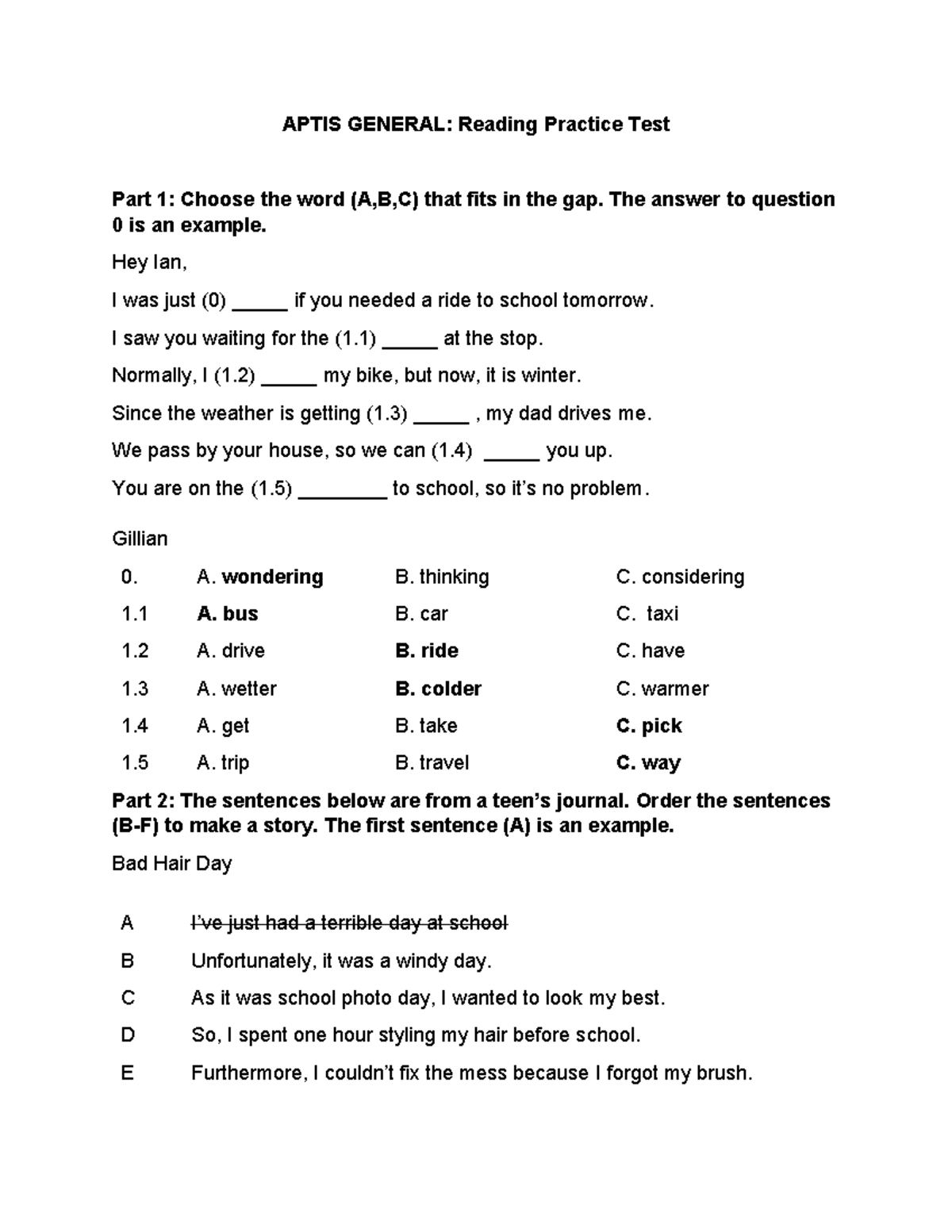 APTIS GENERAL: Reading Practice Test 2 with Answers - Studocu