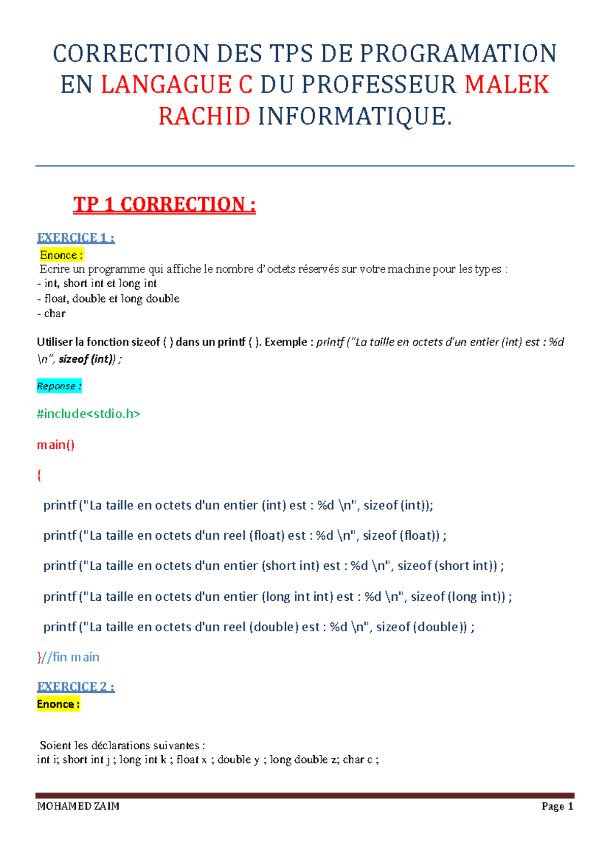 Correction des TP de Programmation en Langage C - Prof. Malek Rachid ...