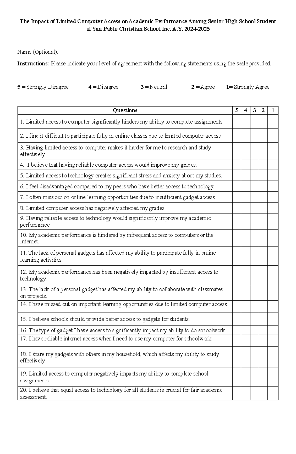 Errex Questionnaire - The Impact of Limited Computer Access on Academic ...