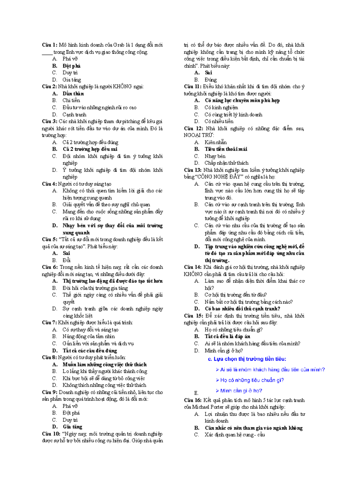 KHOI- Nghiep-1: Câu hỏi trắc nghiệm về khởi nghiệp và mô hình kinh doanh - Document Preview