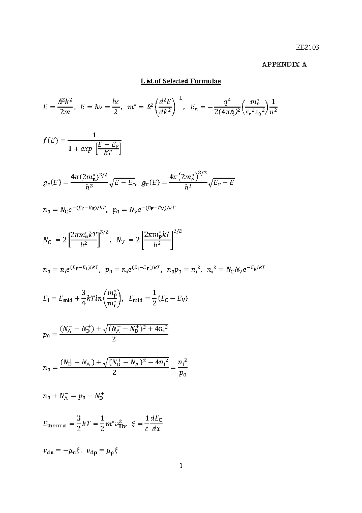 EE2103 Selected Formulae, Constants & Material Properties Guide - Studocu