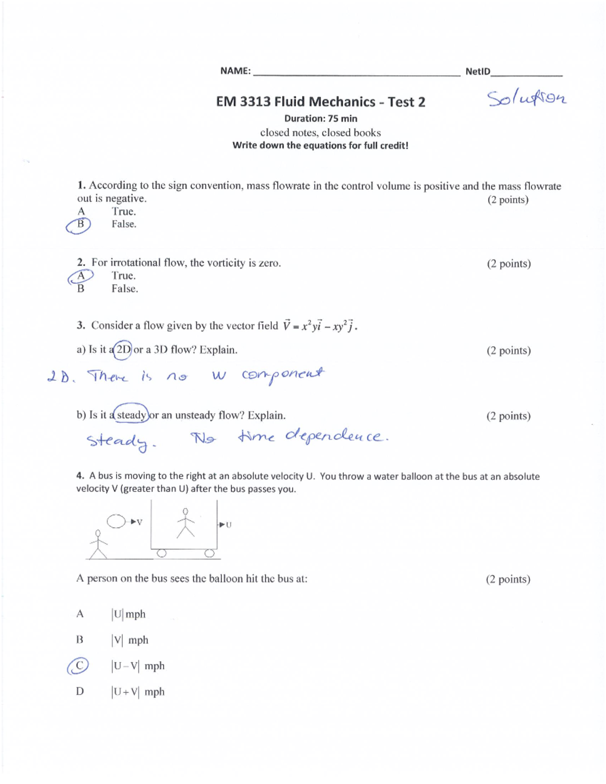Solution to EM 3313 Fluid Mechanics Test 2 - 75 min Closed Notes - Studocu