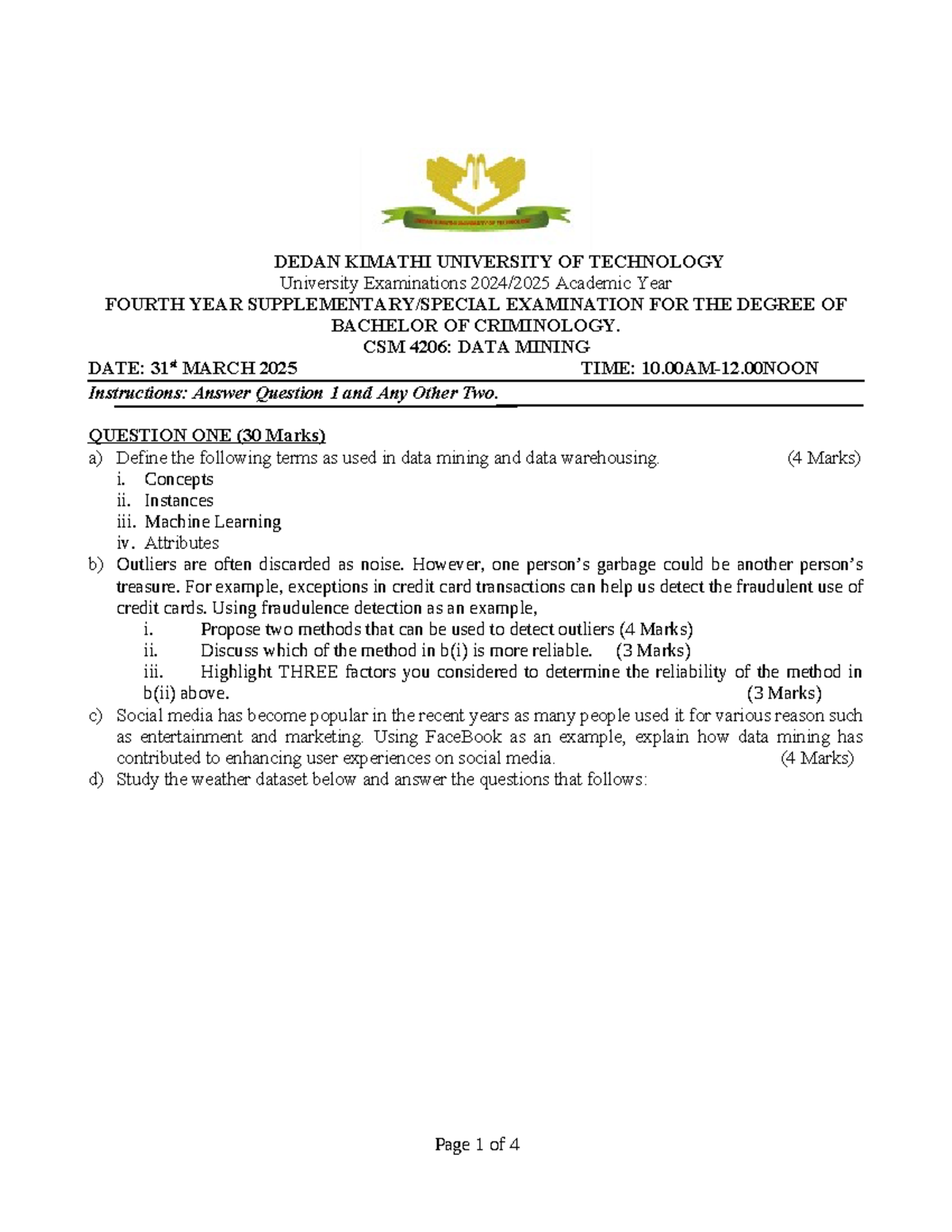 CSM 4206: Data Mining Final Exam Questions and Guidelines - Studocu
