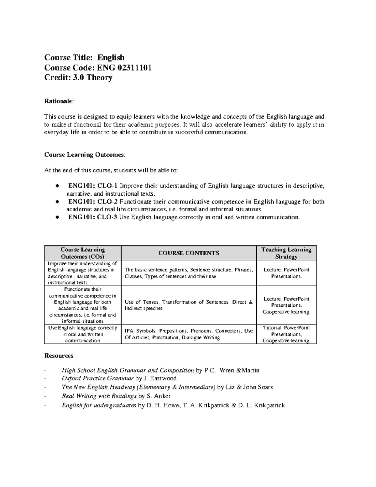 ENG101: English Language Course Outline and Learning Outcomes - Studocu