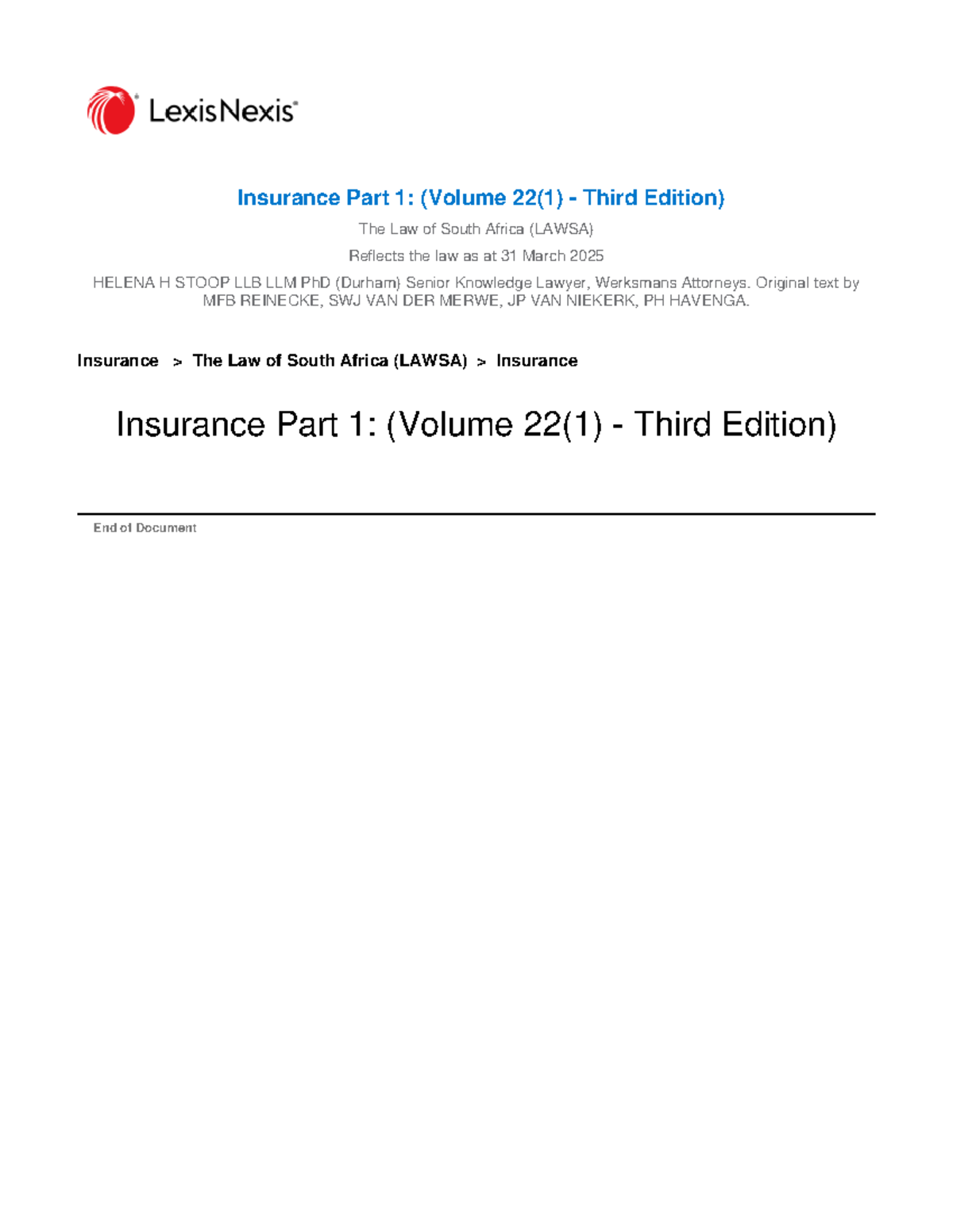 LAWSA 22(1) Insurance Part 1: Overview of Risk and Contracts - Studocu