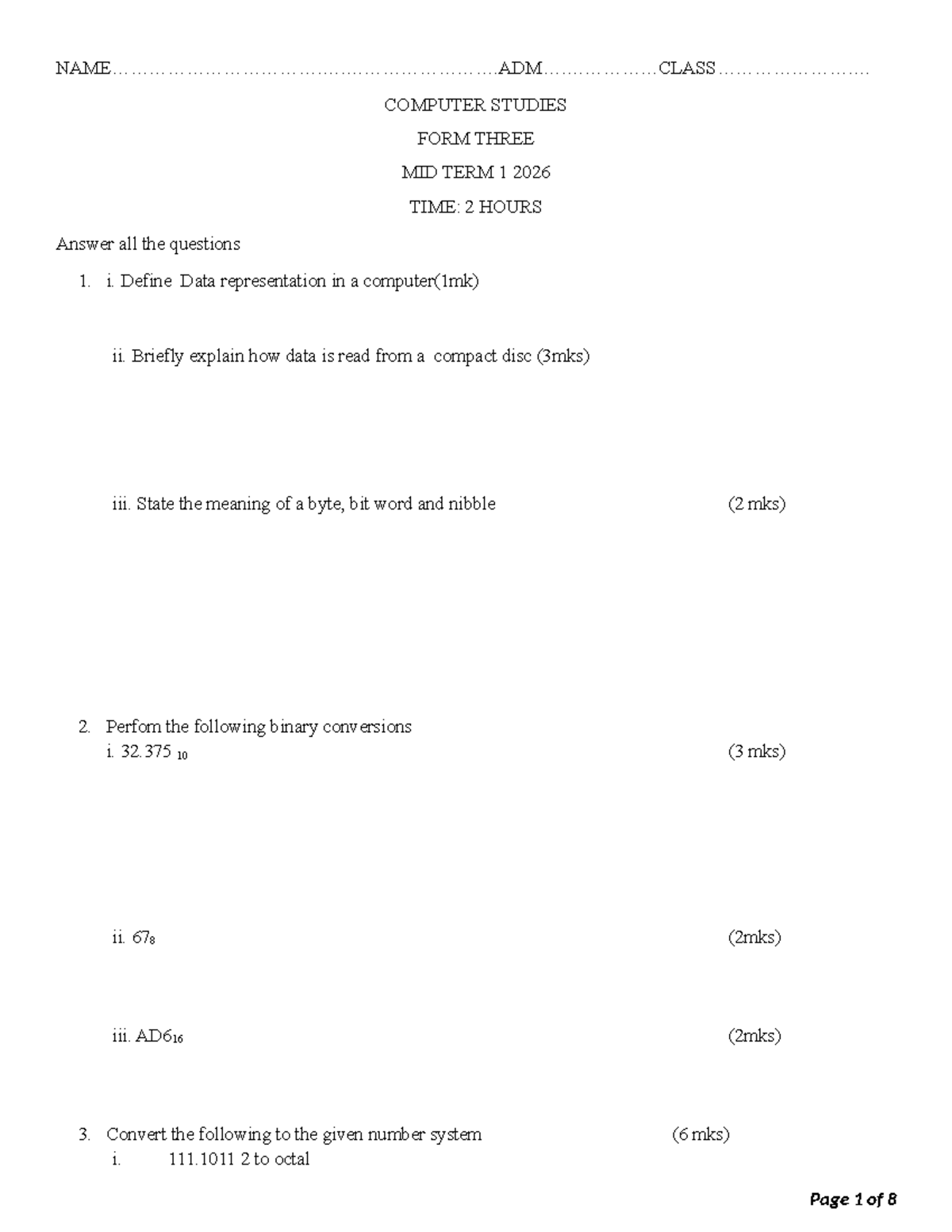 2026 Computer Studies F3 Midterm Exam Questions and Answers - Studocu