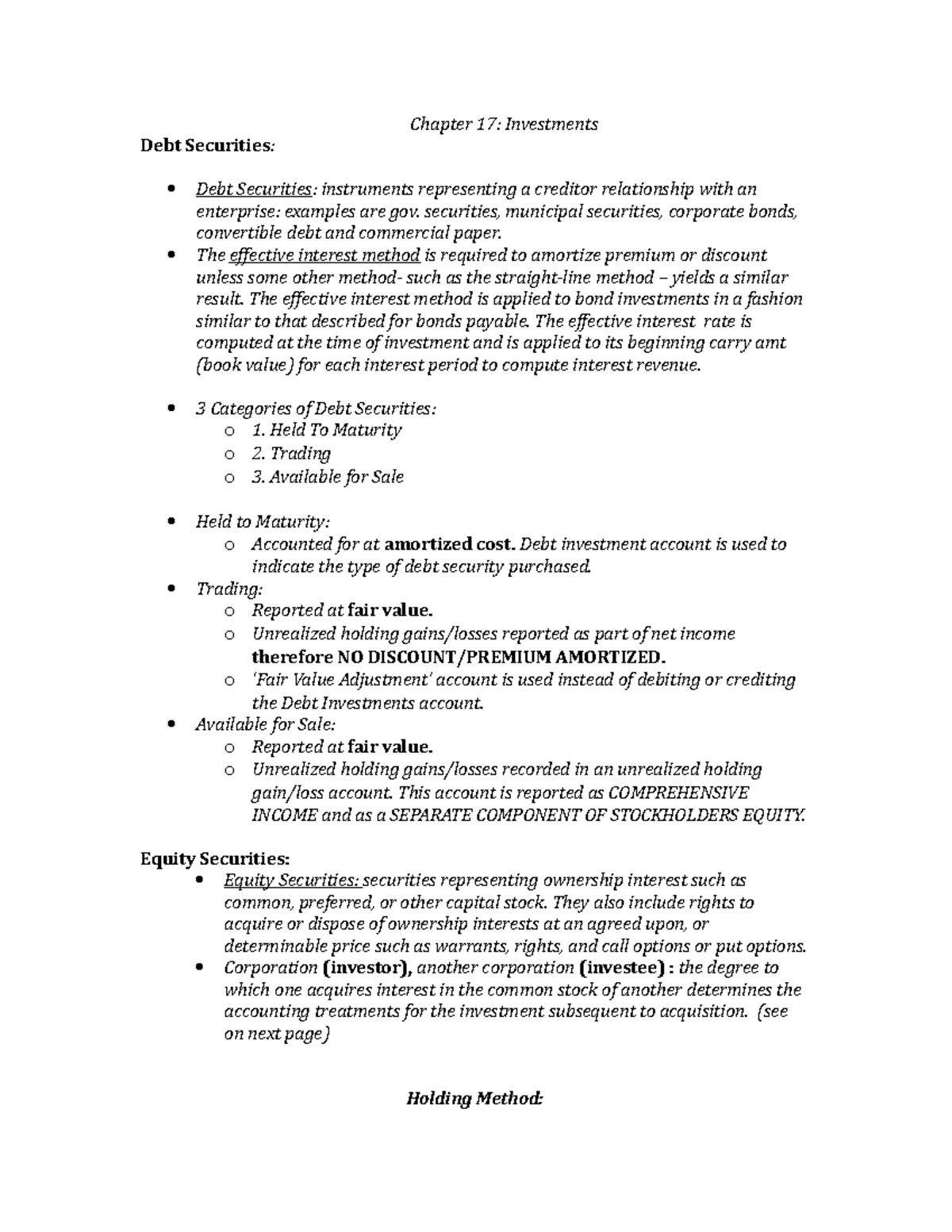 Chapter 17 Outline Investments - Chapter 17: Investments Debt ...