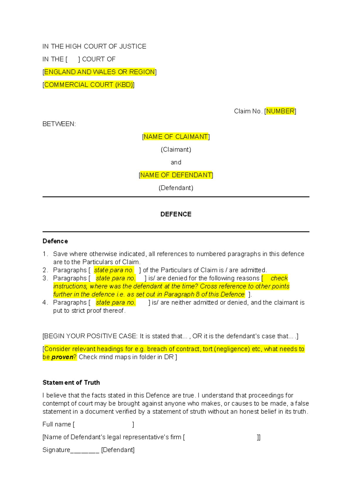 Draft Defence Statement - IN THE HIGH COURT OF JUSTICE IN THE [ ] COURT ...