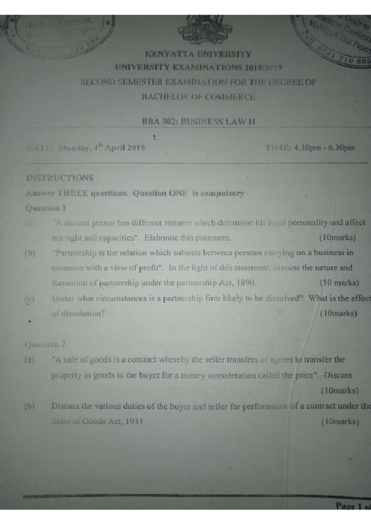 BBA 302: Business Law II Past Exam Papers Compilation - Studocu