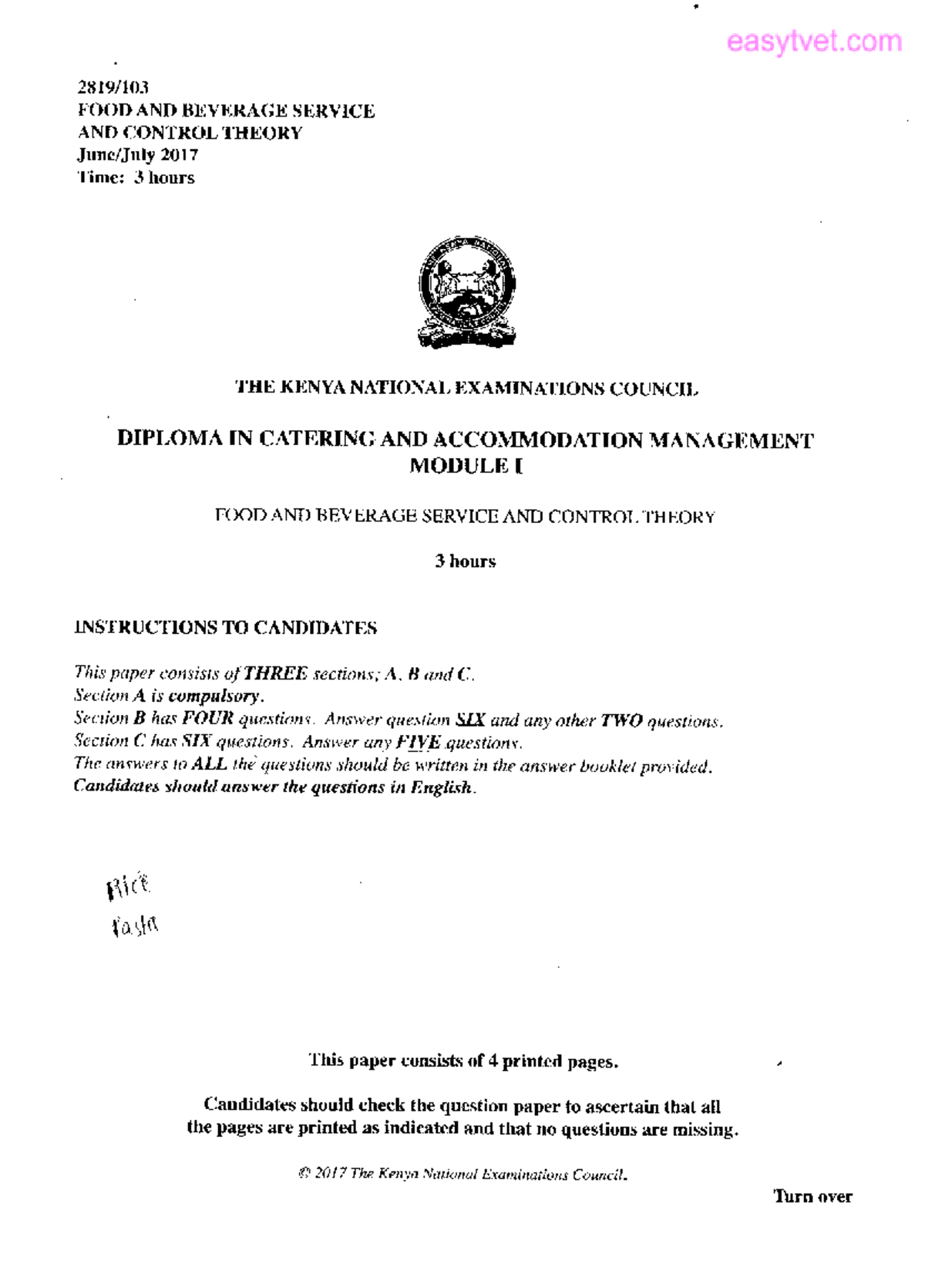 2017 KNEC Diploma in Catering: Food & Beverage Service Notes - Studocu