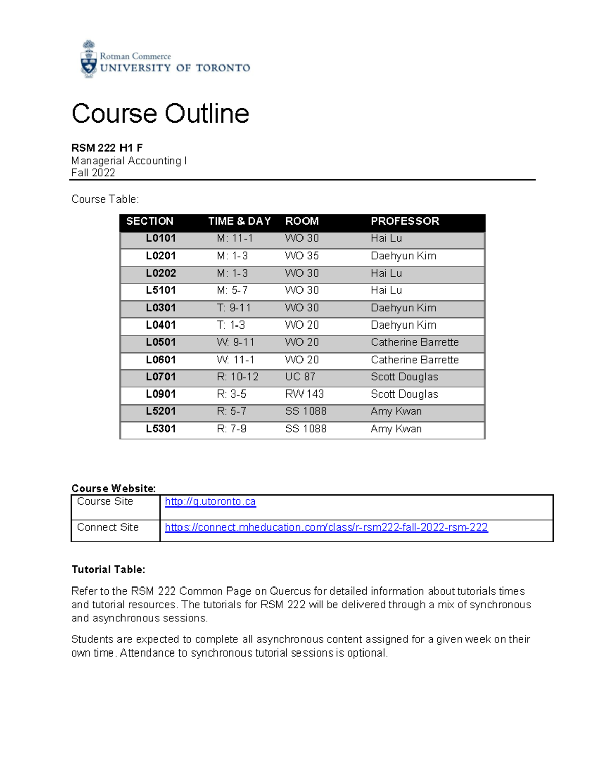Syllabus - Course Outline RSM 222 H1 F Managerial Accounting I Fall ...