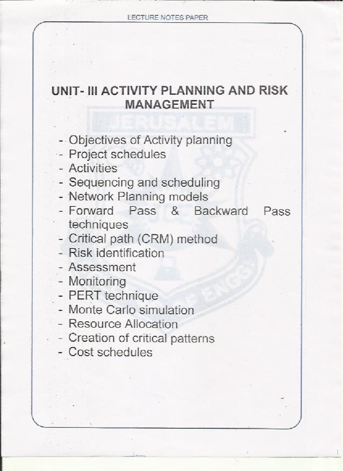 LECTURE NOTES SPM 3: ACTIVITY PLANNING & RISK MANAGEMENT - Studocu