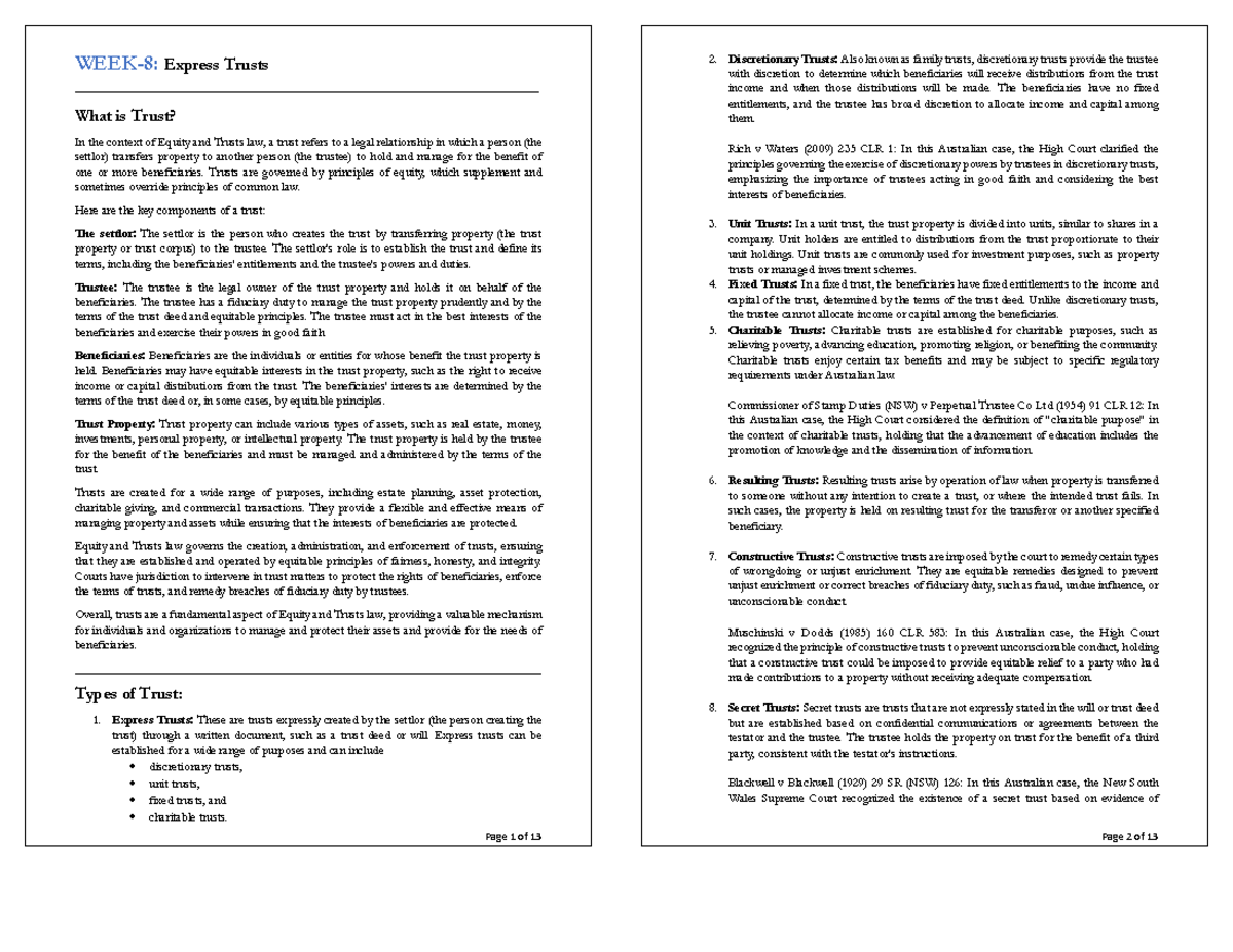 Week 8 - Equity and Trusts Law: Understanding Express Trusts and More ...