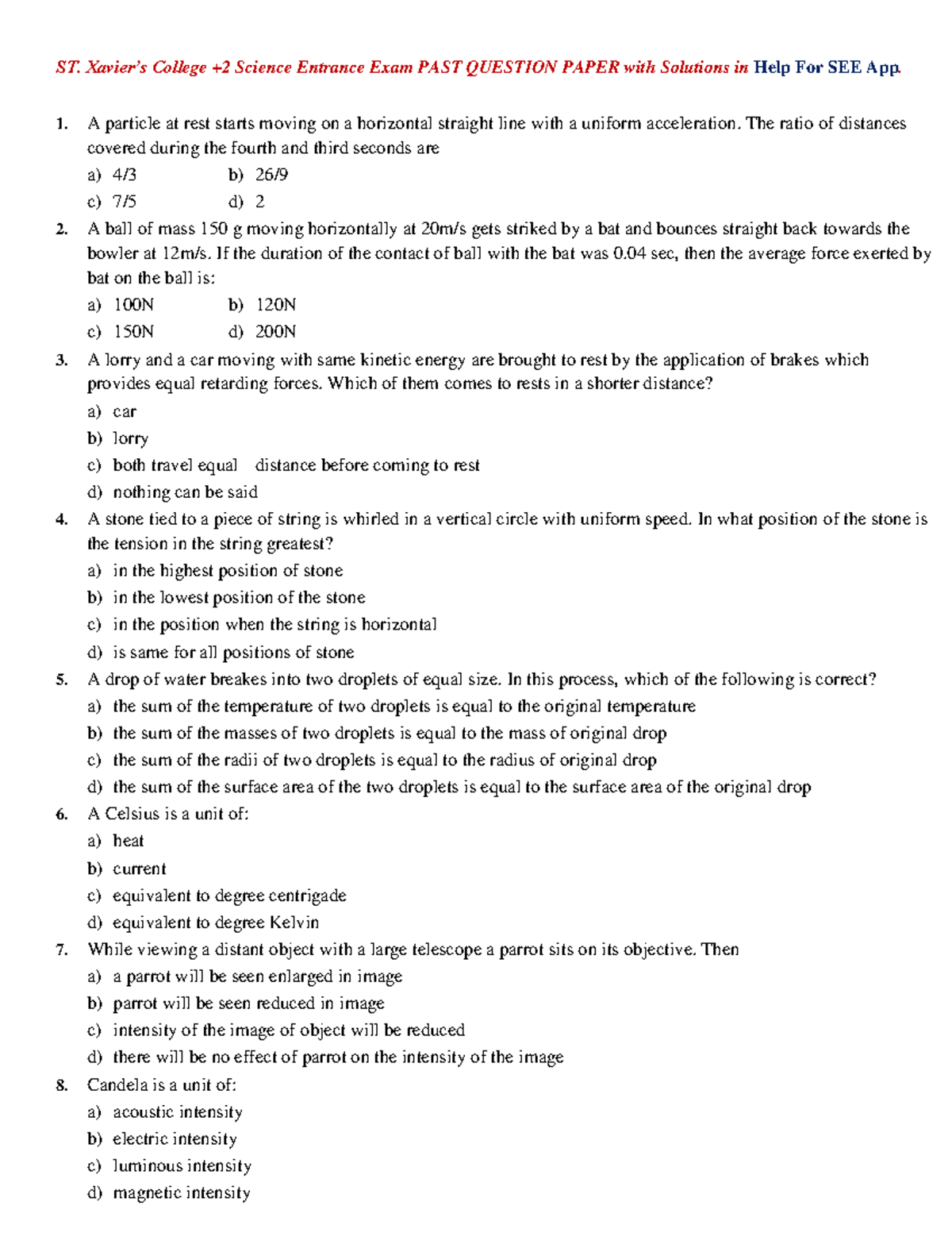 ST. College Science Entrance Exam PAST QP & Solutions for SEE App - Studocu