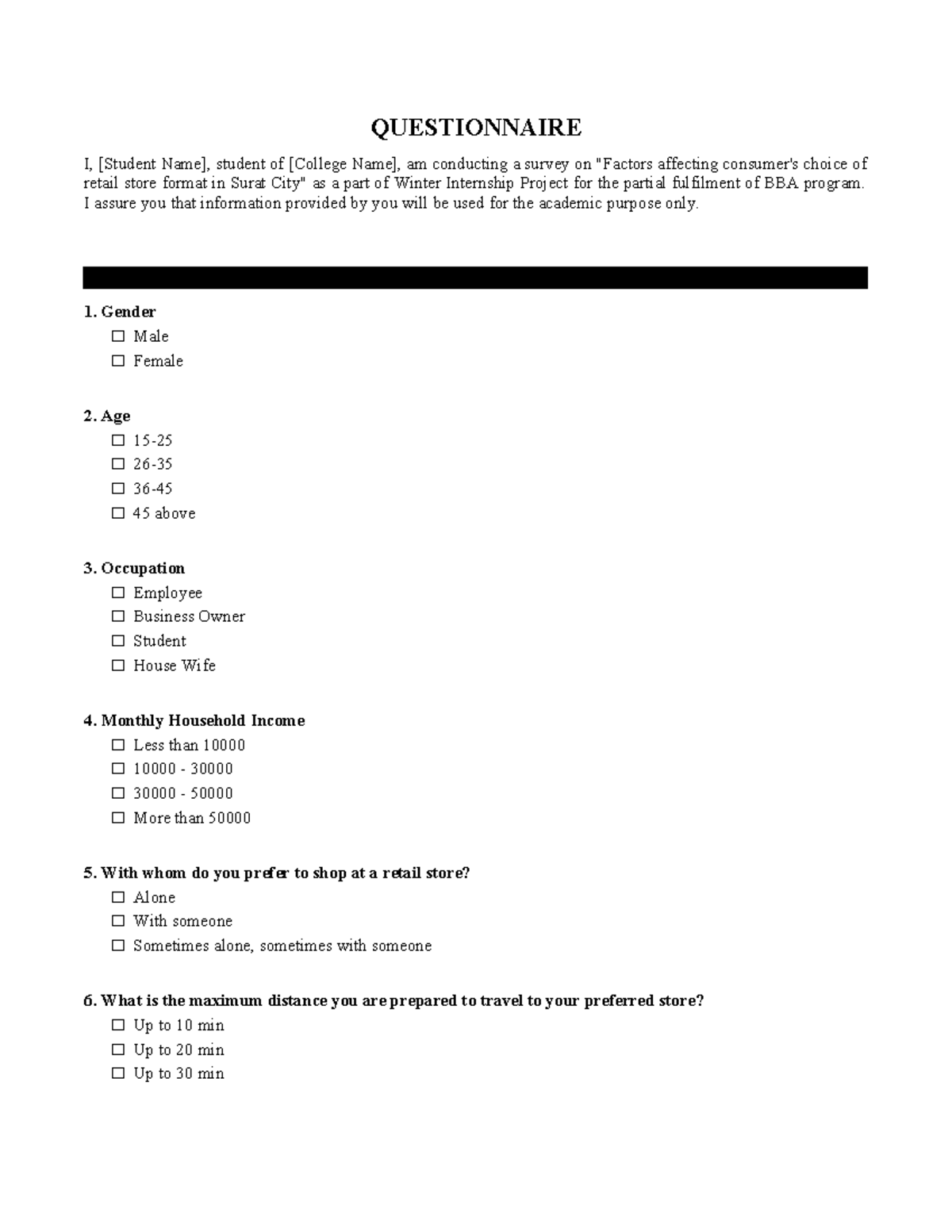 BBA Winter Internship Project: Retail Store Format Questionnaire - Studocu