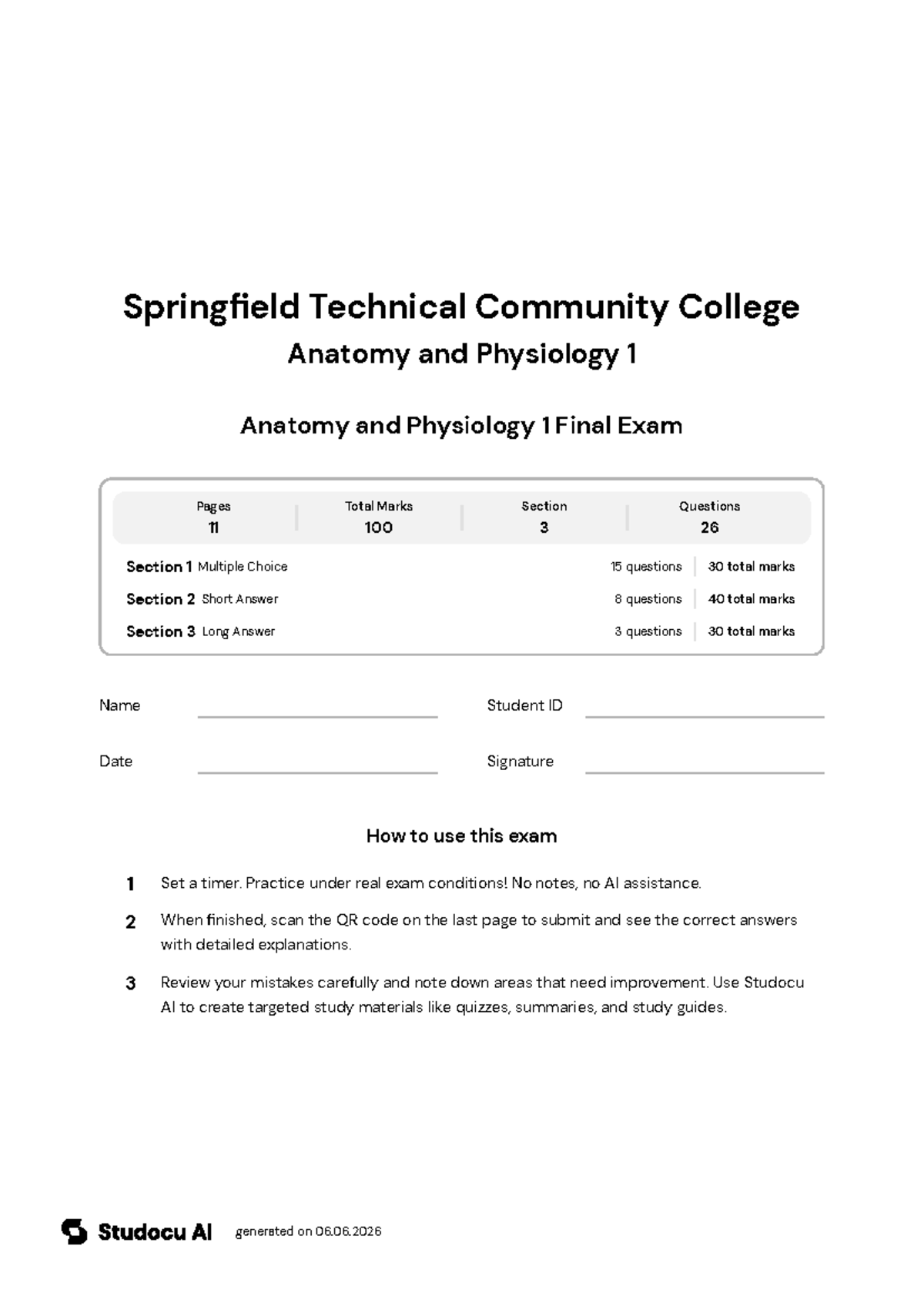 Anatomy and Physiology 1 Final Exam - Studocu