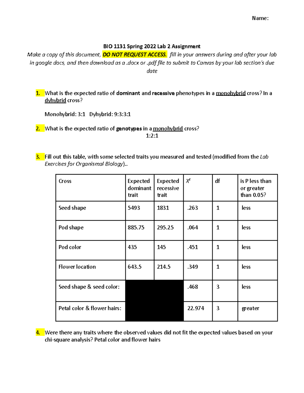 Lab 2 - bio lab 2 - Name: BIO 1131 Spring 2022 Lab 2 Assignment Make a ...