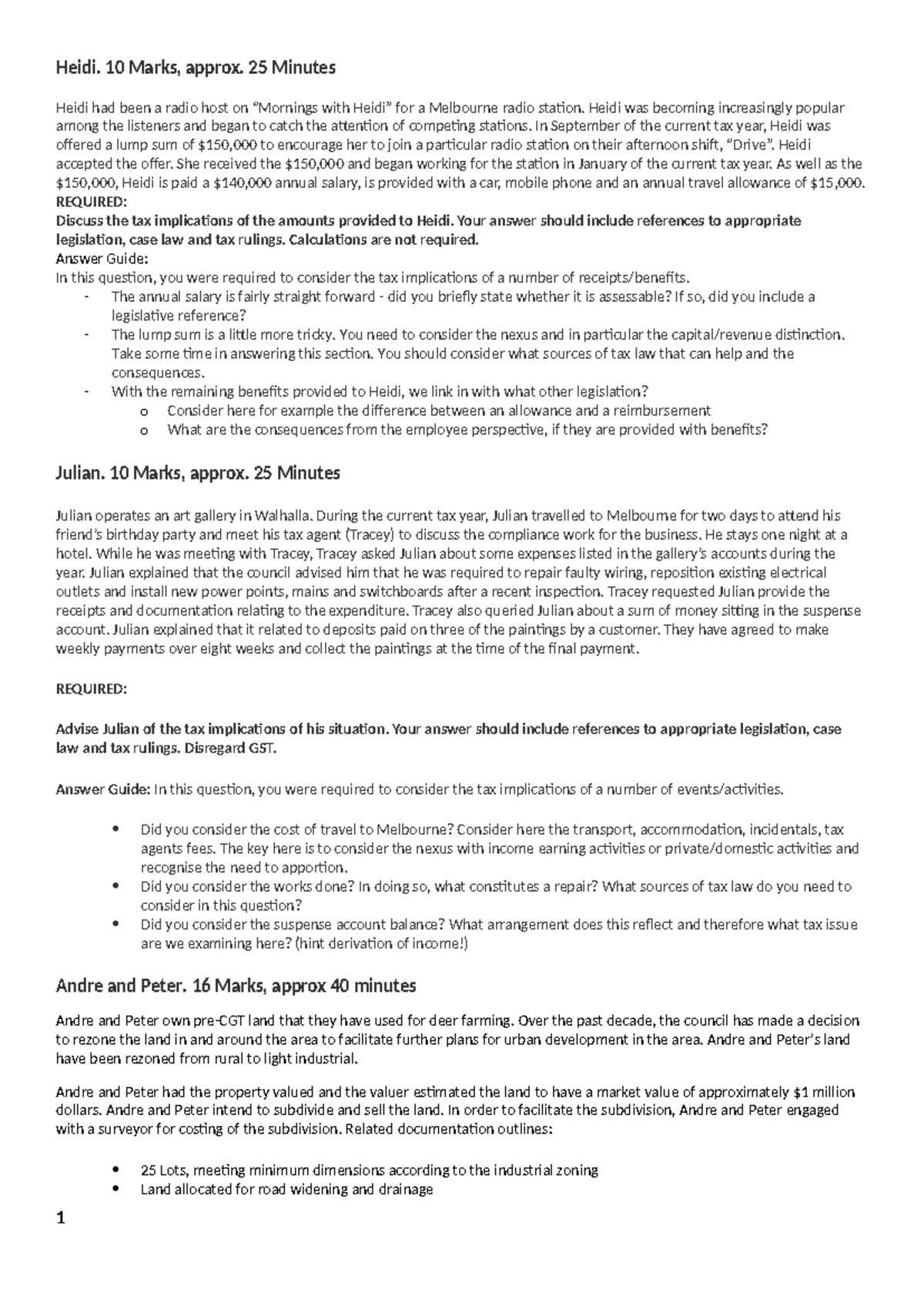 Taxation 1: Example Questions & Answer Guides for Final Exam - Studocu